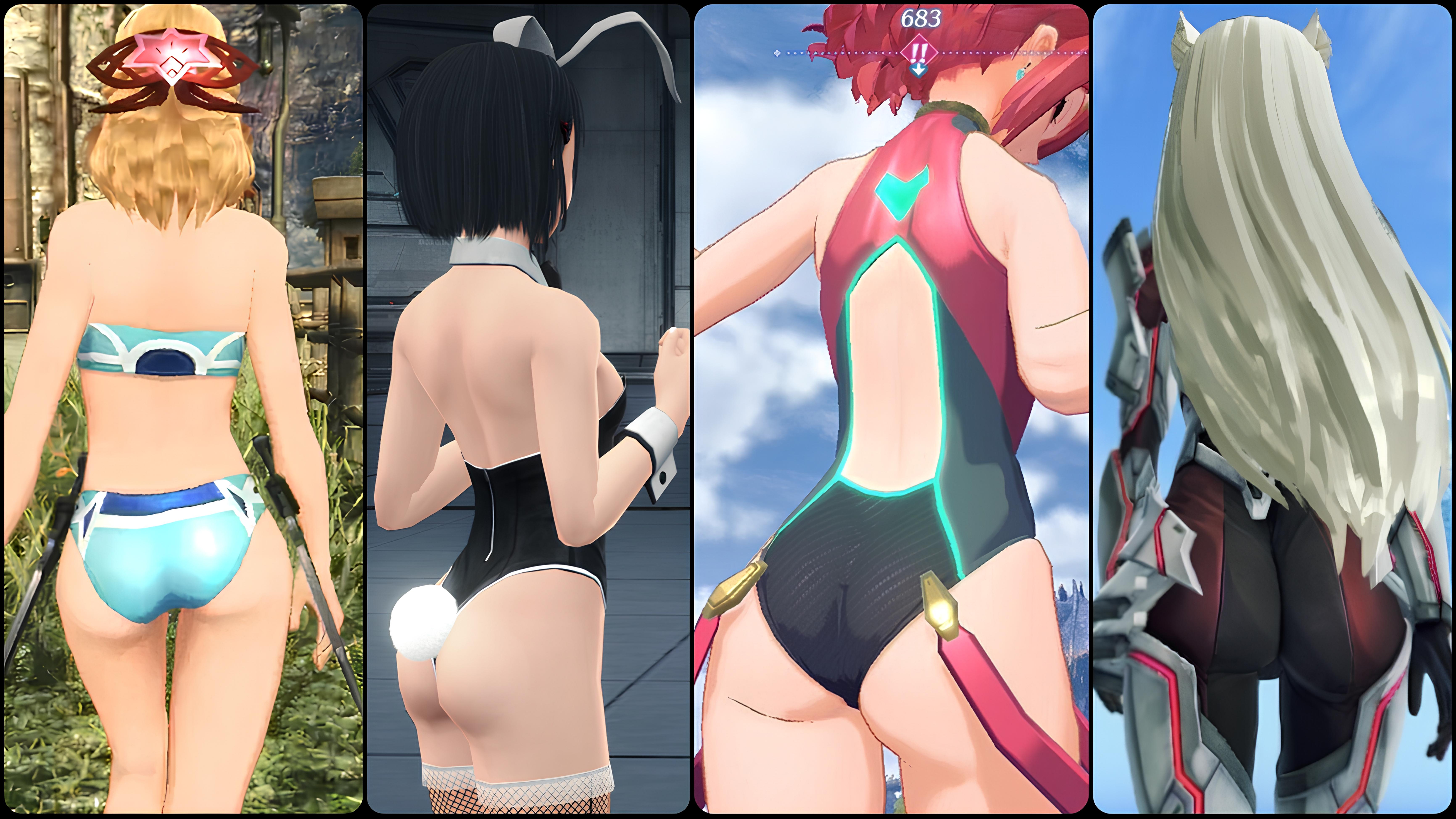 3d, 4girls, ass, ass focus, black hair, blonde hair, cat ears, female only, fiora (xenoblade), girls only, leotard, lin lee koo, mio (xenoblade), multiple girls, perfect ass, perfect body, pyra, pyra (pro swimmer) (xenoblade), red hair, screencap, swimsuit, swimwear, white hair, worship, xenoblade (series), xenoblade chronicles, xenoblade chronicles 2, xenoblade chronicles 3, xenoblade chronicles x