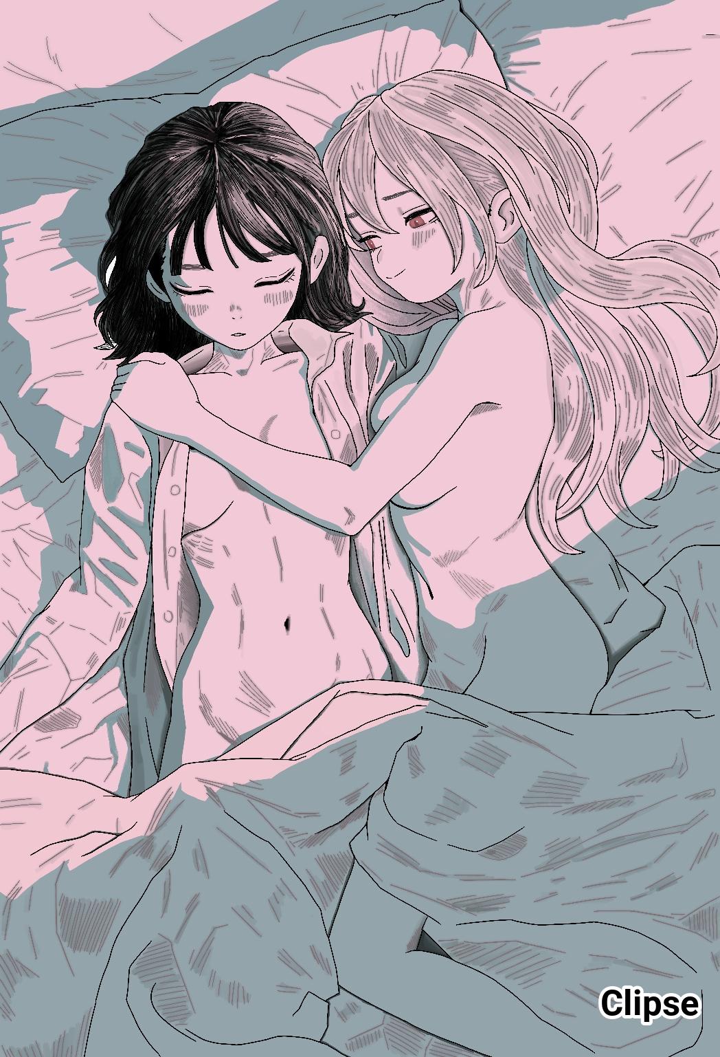 2d, 2d (artwork), 2d artwork, 2girls, average breasts, bare arms, bare belly, bare chest, bare hands, bare hips, bare knees, bare midriff, bare navel, bare shoulders, bare skin, bed, bed sheet, belly, belly button, black and white, blush, blush face, blushing at another, blushing at partner, blushing female, blushing lines, breasts, breasts apart, clipse, closed eyes, closed mouth smile, collarbone, completely naked, completely naked female, completely nude, completely nude female, digital, digital art, digital drawing, digital drawing (artwork), digital media, digital media (artwork), drawing, elbows, exposed arms, exposed belly, exposed chest, exposed hips, exposed midriff, exposed navel, exposed shoulders, exposed skin, female, female focus, female only, fingers, fully naked, fully nude, greyscale, hair between eyes, half naked, half nude, high resolution, highres, indoor, indoor nudity, indoors, inframammary fold, inguinal crease, inguinal ligament, large breasts, lean figure, lesbian focus, lesbian only, lesbian pleasure, lesbians naked, light smile, linea alba, long hair, lying, lying down, lying on back, lying on bed, lying on side, medium breasts, midriff, monochrome, multiple females, multiple girls, naked, naked female, naked shirt, naked woman, narrow waist, navel, nude, nude female, nudity, oc, on back, on bed, on side, open clothes, open clothing, open shirt, open topwear, original, original art, original artwork, original character, original characters, pillow, red eyes, red-eyed female, semi nude, shirt, shoulders, sitting, skinny, skinny female, skinny girl, skinny waist, sleeping, sleeping naked, sleeping nude, sleeping together, slender body, slender waist, slim waist, smile, smiley face, smiling, smiling at another, smiling at partner, stomach, thighs, topless, topless female, unbuttoned, unbuttoned shirt, upper body, white bed, white bed sheet, white pillow, white shirt, white topwear, wide hips, yuri