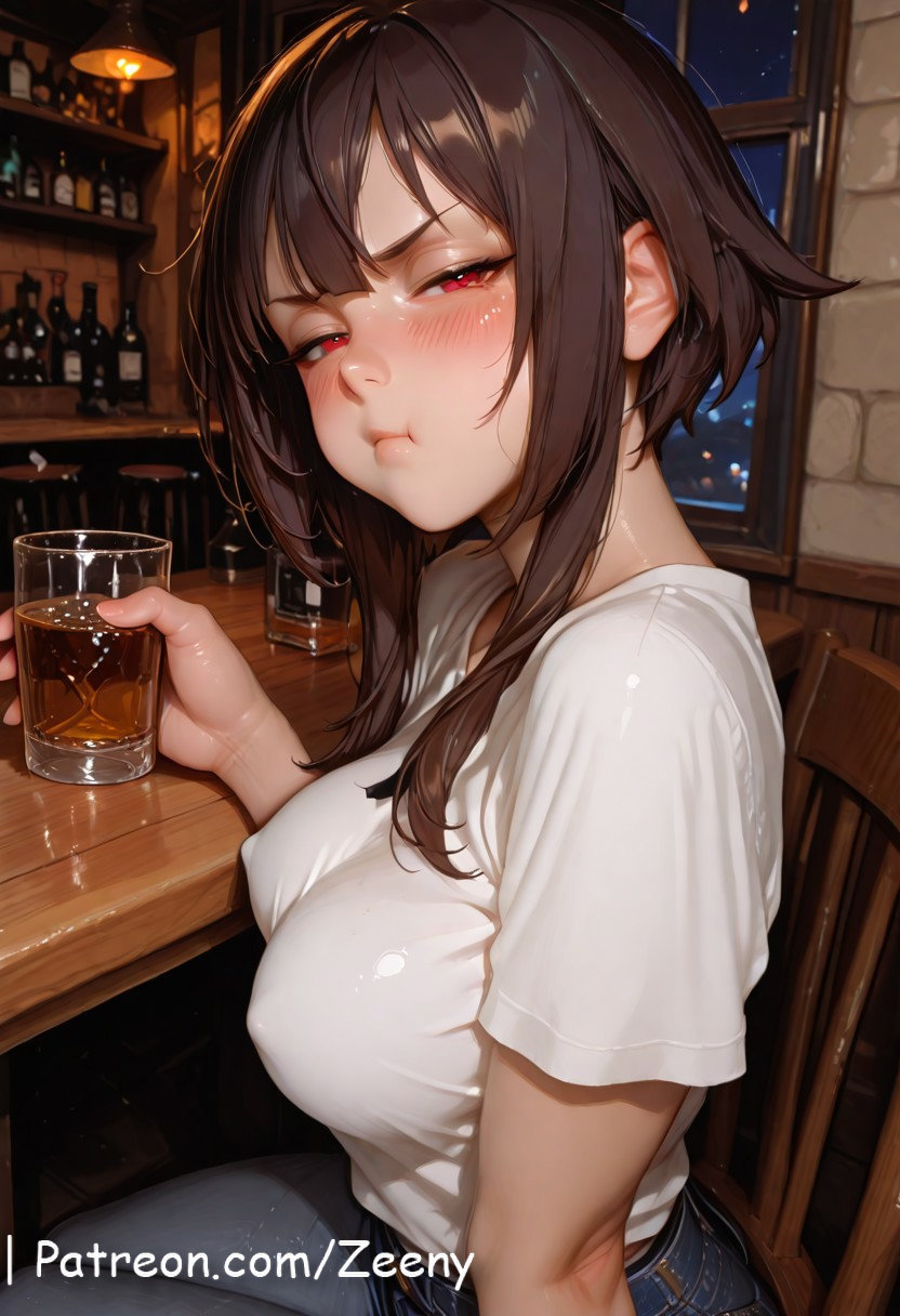 1girls, ai generated, alternate breast size, artist name, bare shoulders, belt, black hair, blush, breasts, brown hair, closed mouth, female, female on cloth, indoors, kono subarashii sekai ni shukufuku wo!, large breasts, looking at viewer, male, megumin, nipples, patreon, pussy, red eyes, satou kazuma, sex, sex from behind, short hair, short hair with long locks, sitting, straight, tagme, zeeneee