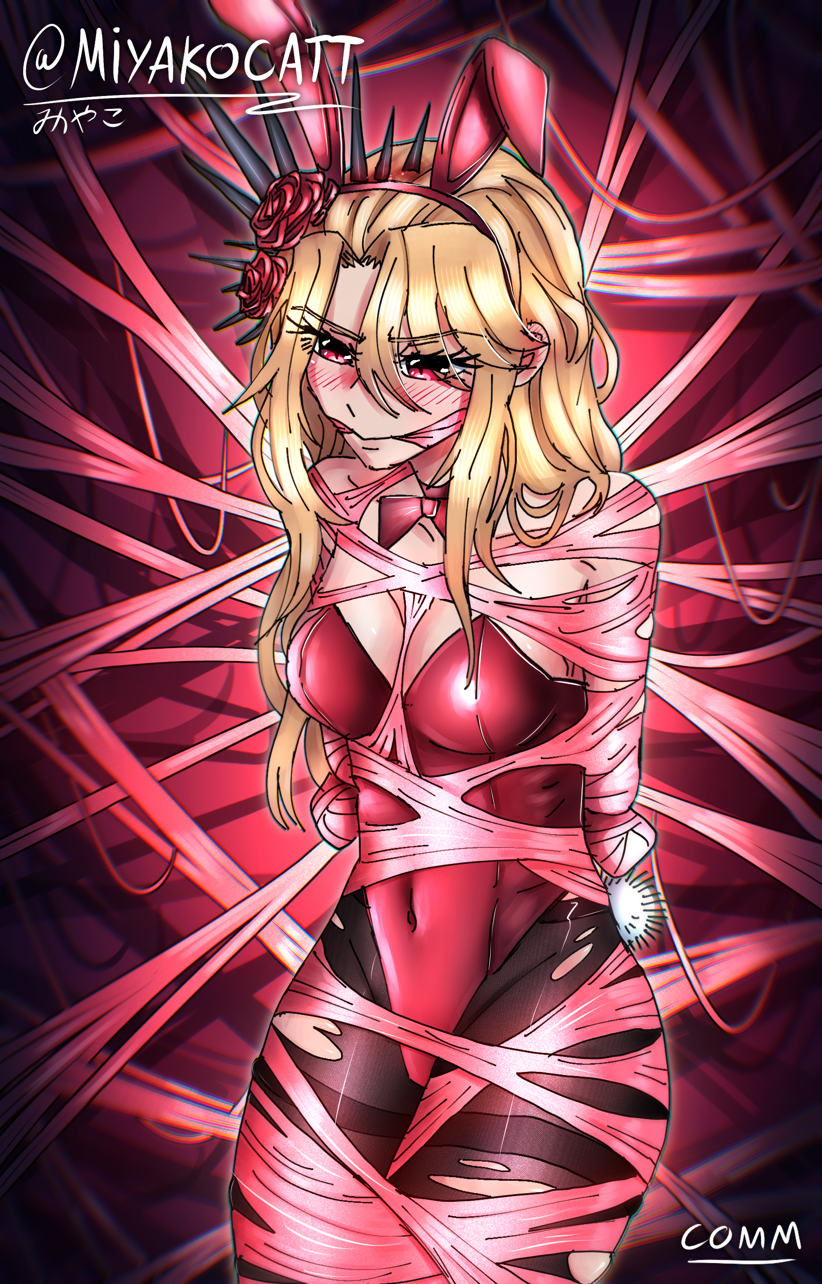 1girls, blonde hair, blush, bondage, bunny ears, bunny girl, bunnysuit, captured, cleave gag, don quixote (limbus company), e.g.o (project moon), female, flower, four-hundred roses (limbus company), gag, gagged, hair flower, hair ornament, light skin, light-skinned female, limbus company, long hair, parted bangs, pink background, possessed, possession, project moon, red bunny ears, red bunnysuit, red eyes, red flower, red rose, rose, slit pupils, solo focus, spider web, web, web bondage, web gag, yearning-mircalla (e.g.o)