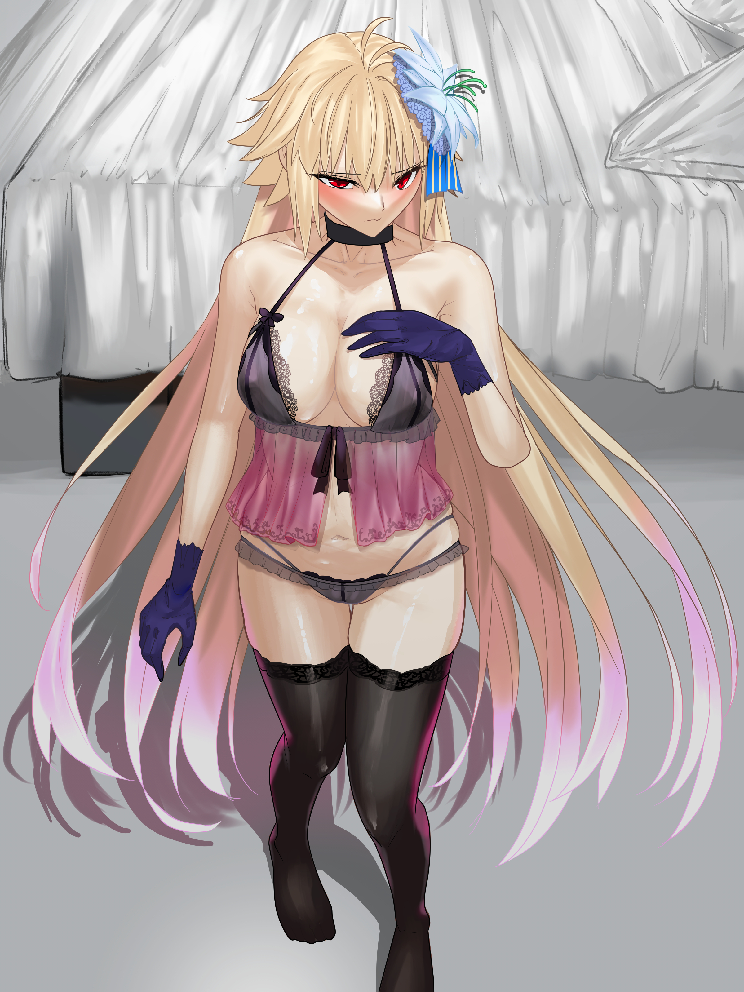 1girls, absurdres, archetype earth, archetype earth (third ascension), arcueid brunestud, babydoll, bed, blue flower, blue gloves, blue notuki, blue ribbon, blush, breasts, choker, cleavage, fate (series), fate/grand order, female, flower, flustered, gloves, hair flower, hair ornament, hand on own chest, highres, huge breasts, lingerie, long hair, looking at viewer, panties, red eyes, ribbon, solo, thighhighs, underwear, very long hair, zettai ryouiki