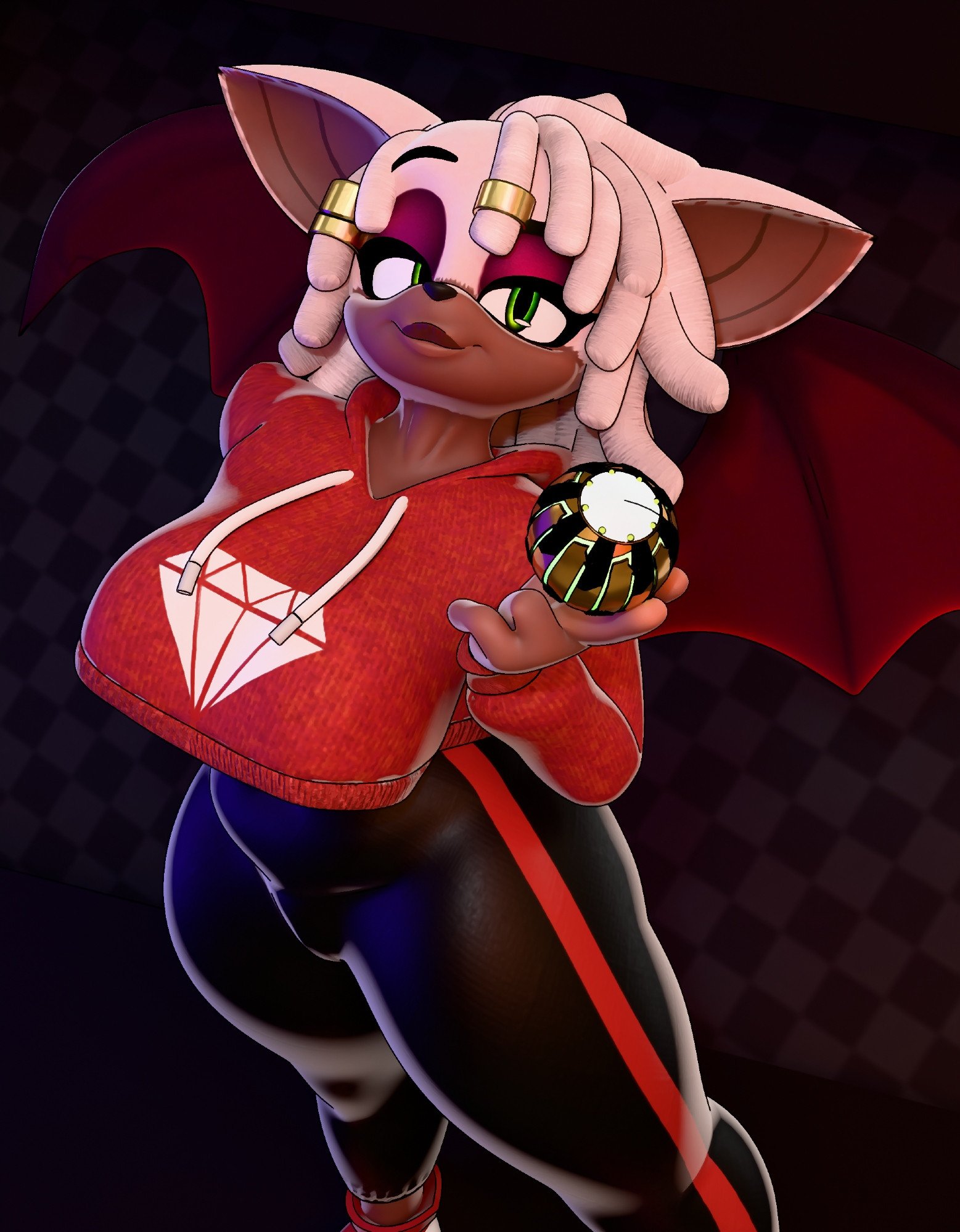 3d, 3d (artwork), anaroth, big ass, big breasts, big hips, big thighs, busty, busty female, dark skin, dark-skinned female, dreadlocks, dreads, eyelashes, eyeshadow, green eyes, huge breasts, juicy lips, rouge the bat, rouge the bat (kailewds), sega, sonic (series), sonic the hedgehog (series), thick ass, thick hips, thick thighs, thighs, white fur, white hair, wide hips