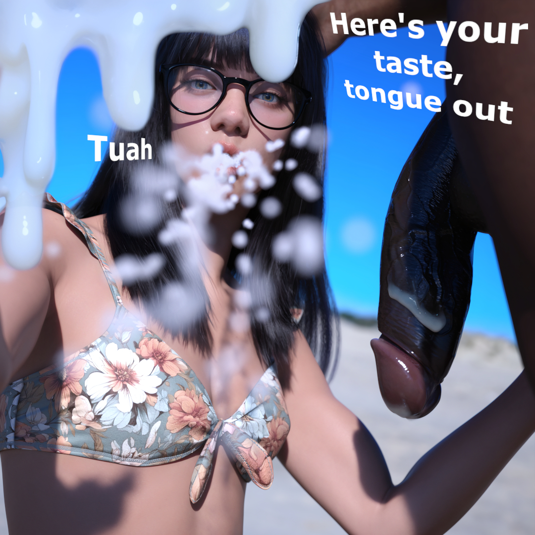 1boy, 1girls, 3d, 3d (artwork), bangs, beach, bikini, cuckold, cuckold pov, cum, cum in mouth, cum on viewer, dark hair, dark skin, dark-skinned male, english text, exhibitionism, glasses, hdr ntrgirl, hdregrets, huge penis, interracial, large penis, light skin, light-skinned female, looking at viewer, netorare, ntr, public, small breasts, snowballing, spit, spitting, spitting cum, straight, swimsuit, swimwear, text, wife