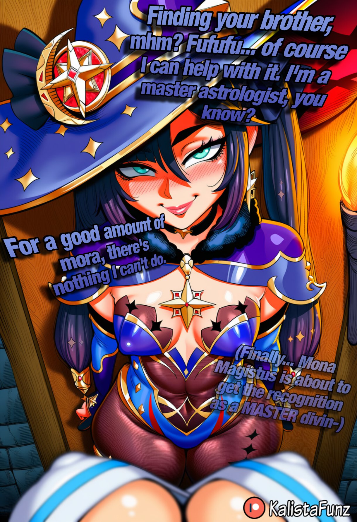 1futa, 1futa1girl, 1girl1futa, 1girls, ai generated, blue eyes, blue hair, breasts, comic, dialogue, english, english text, female, female focus, first person view, fully clothed, fully clothed female, futa on female, futanari, genshin impact, hat, kalistafunz, lumine (genshin impact), mona (genshin impact), nipple bulge, pov, small boobs, small breasts, small tits, witch hat