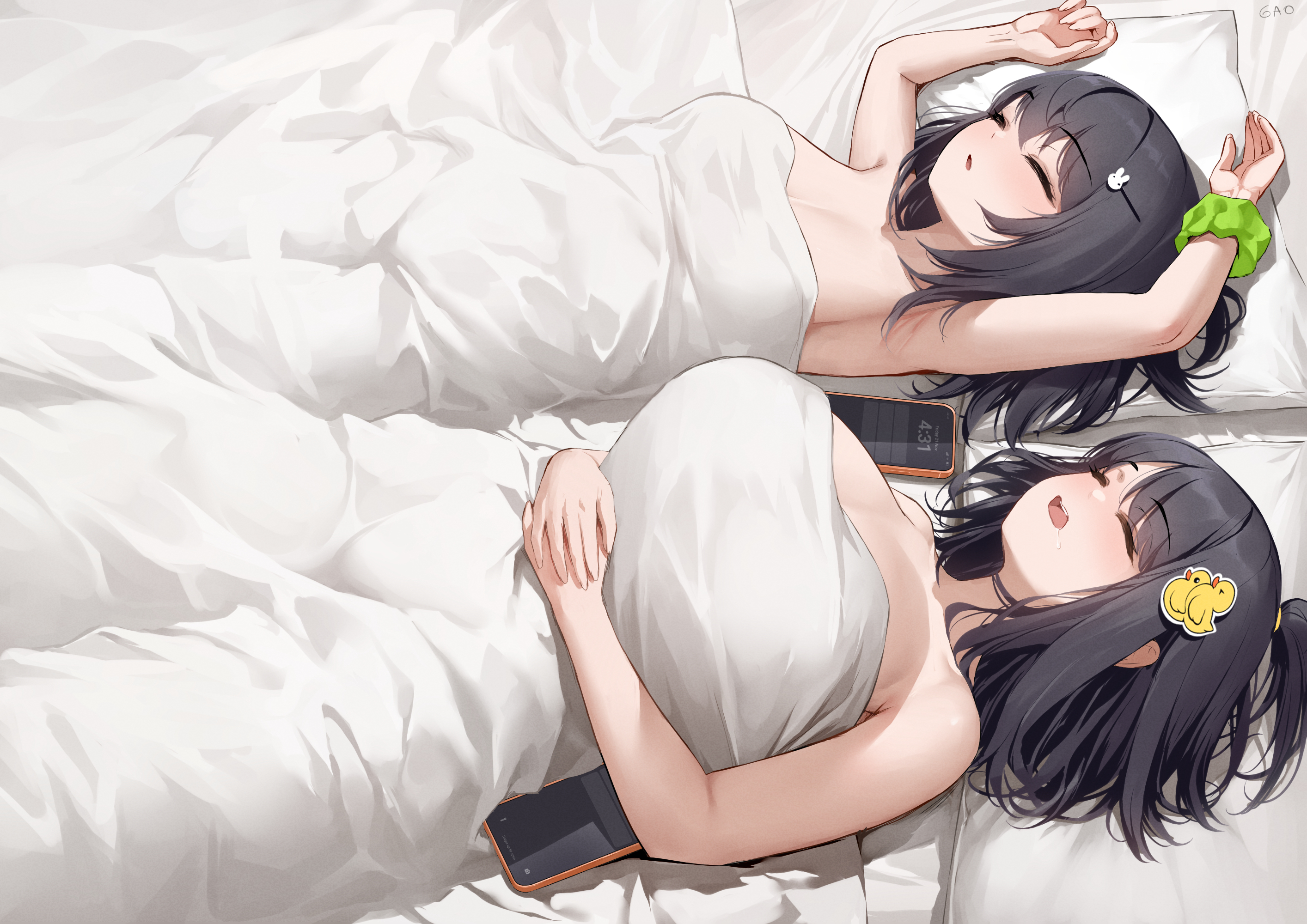 2girls, big breasts, black hair, blanket, cellphone, gao (gaolukchup), gao-lukchup, hair ornament, huge breasts, loogchoob (gaolukchup), short hair, sleeping, wanwan (gaolukchup)