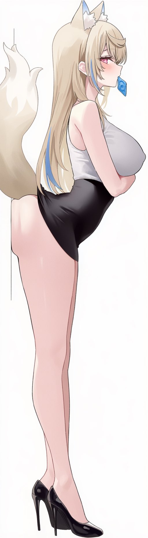 1girls, ai generated, ass, blonde female, blonde hair, blonde-haired female, condom, condom in mouth, condom wrapper, dog ears, female, female only, fuwamoco, fuwawa abyssgard, heels, high heels, hololive, hololive english, horny, horny female, nipples, no, no panties, office clothing, red eyes, tail, virtual youtuber, vtuber, vtuberfanart