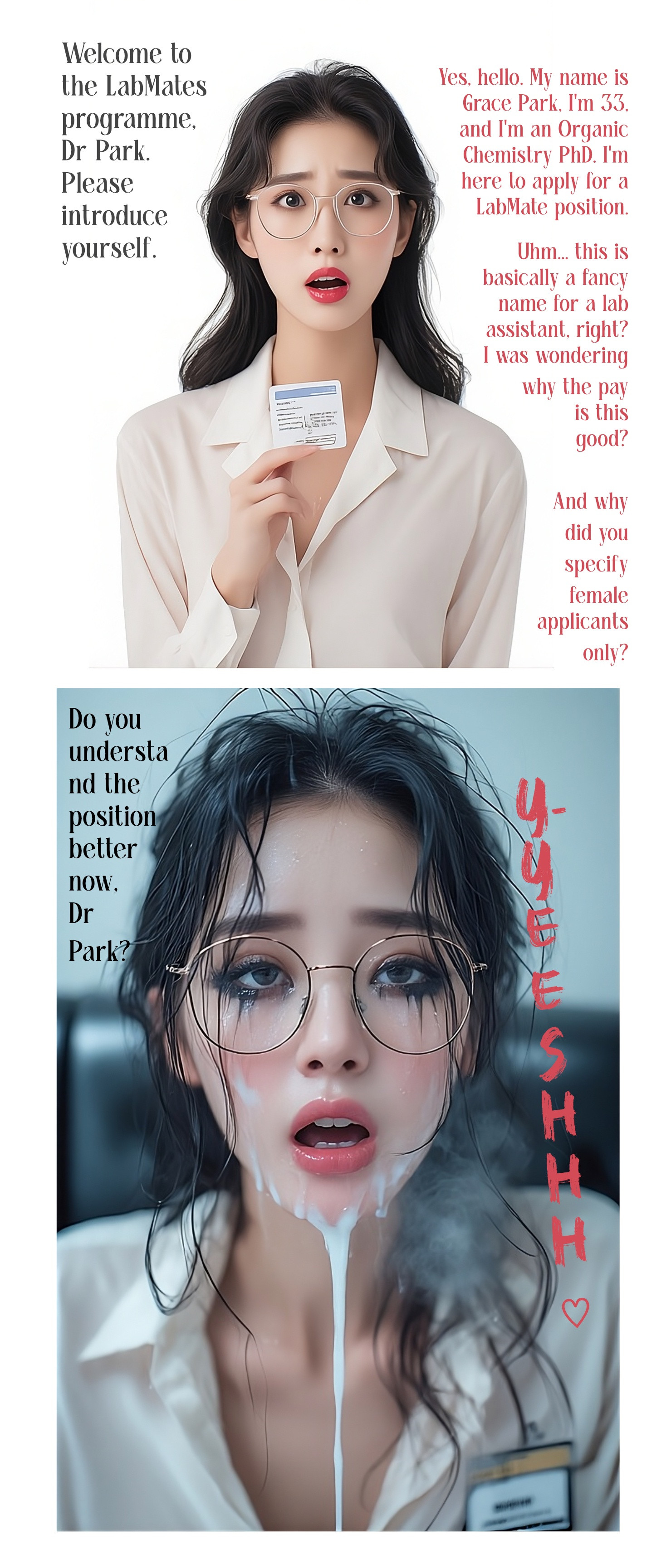 2026, academic, academic dress, after blowjob, after fellatio, after oral, after sex, ai art, ai assisted, ai female, ai generated, before and after, black hair female, blackmail, blowjob, blowjob face, business woman, career woman, common sense change, cum, cum in mouth, cum on clothes, cum on face, cum on hair, dialogue, disheveled, disheveled hair, doctor, dubious consent, dubious pleasure, education, empty eyes, eyeliner, face fucking, facefuck, facefuck oral position, female focus, female only, filmed, forced exposure, forced onto penis, forced oral, glasses, id card, identification, identification card, involuntary exposure, korean female, labcoat, laboratory, laboratory equipment, leaking precum, lipstick, long hair female, mascara, mascara running, mascara smear, mascara tears, messed up hair, messy hair, mind broken, mindfuck, on camera, pale skinned female, phd, porn, porn dialogue, porn shoot, porn star, porn studio, porn video, pornography, professional clothes, red lips, red lipstick, ruined for marriage, ruined makeup, runny makeup, runny mascara, slurred speech, studio, talking to another, talking to offscreen, talking to viewer, text, used as an object, working girl