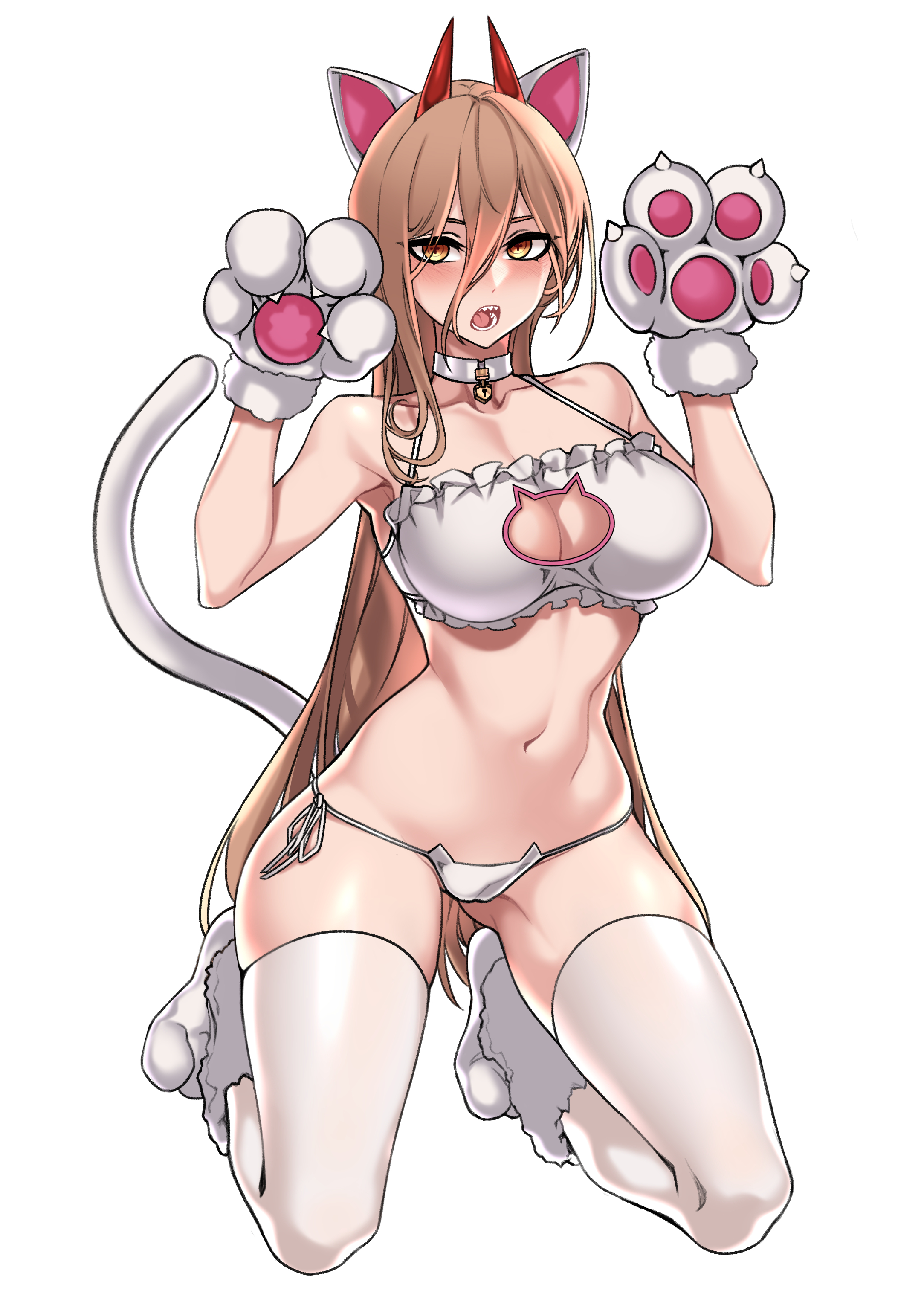 1girls, absurdres, animal ears, animal hands, bra, breasts, brown hair, cat cutout, cat ear panties, cat ears, cat lingerie, cat tail, catgirl, chainsaw man, cleavage, cleavage cutout, clothing cutout, coat, collar, commentary request, cross-shaped pupils, demon horns, dogs (dlrkdejr26), female, female only, frilled bra, frills, full body, gloves, hair between eyes, halterneck, highres, horns, kneeling, korean commentary, large breasts, lock, long hair, looking at viewer, mixed-language commentary, navel, orange eyes, padlock, padlocked collar, panties, paw gloves, paw pose, paw shoes, pet collar, power (chainsaw man), red horns, sharp teeth, side-tie panties, simple background, solo, string panties, symbol-shaped pupils, tail, teeth, thighhighs, underwear, underwear only, very long hair, white background, white bra, white coat, white footwear, white gloves, white panties, white thighhighs
