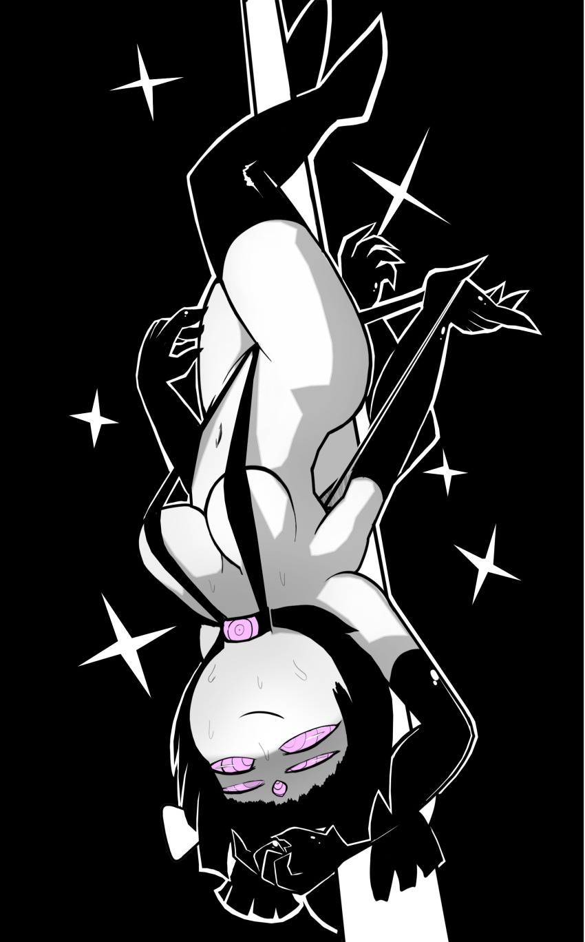 arms above head, breasts, collar, female only, femsub, furry, greyscale, hair ribbon, muffet, multiple arms, navel, pole dancing, pstash, purple eyes, purple skin, sling bikini, spider girl, spiral, spiral eyes, sweat, thighhighs, undertale