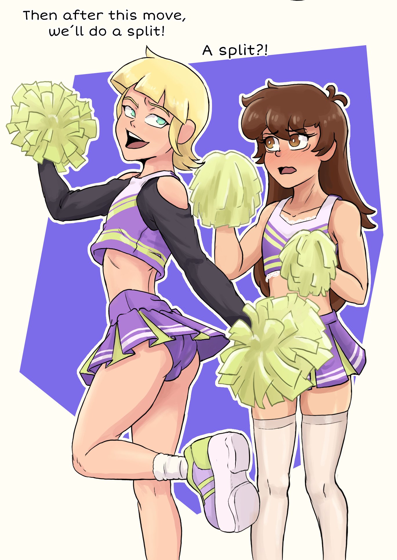 2boys, 2femboys, blonde hair, blunt bangs, brown eyes, brown hair, bulge, cheerleader, cheerleader uniform, crossdressing, crossdressing (mtf), dipcifica, dipper pines, femboy, gearthefae, genderswap (ftm), gravity falls, green eyes, long hair, male pacifica, midriff, miniskirt, open mouth, pacifica northwest, panties, platform footwear, pleated skirt, pom poms, rule 63, skirt, thighhighs, white thighhighs