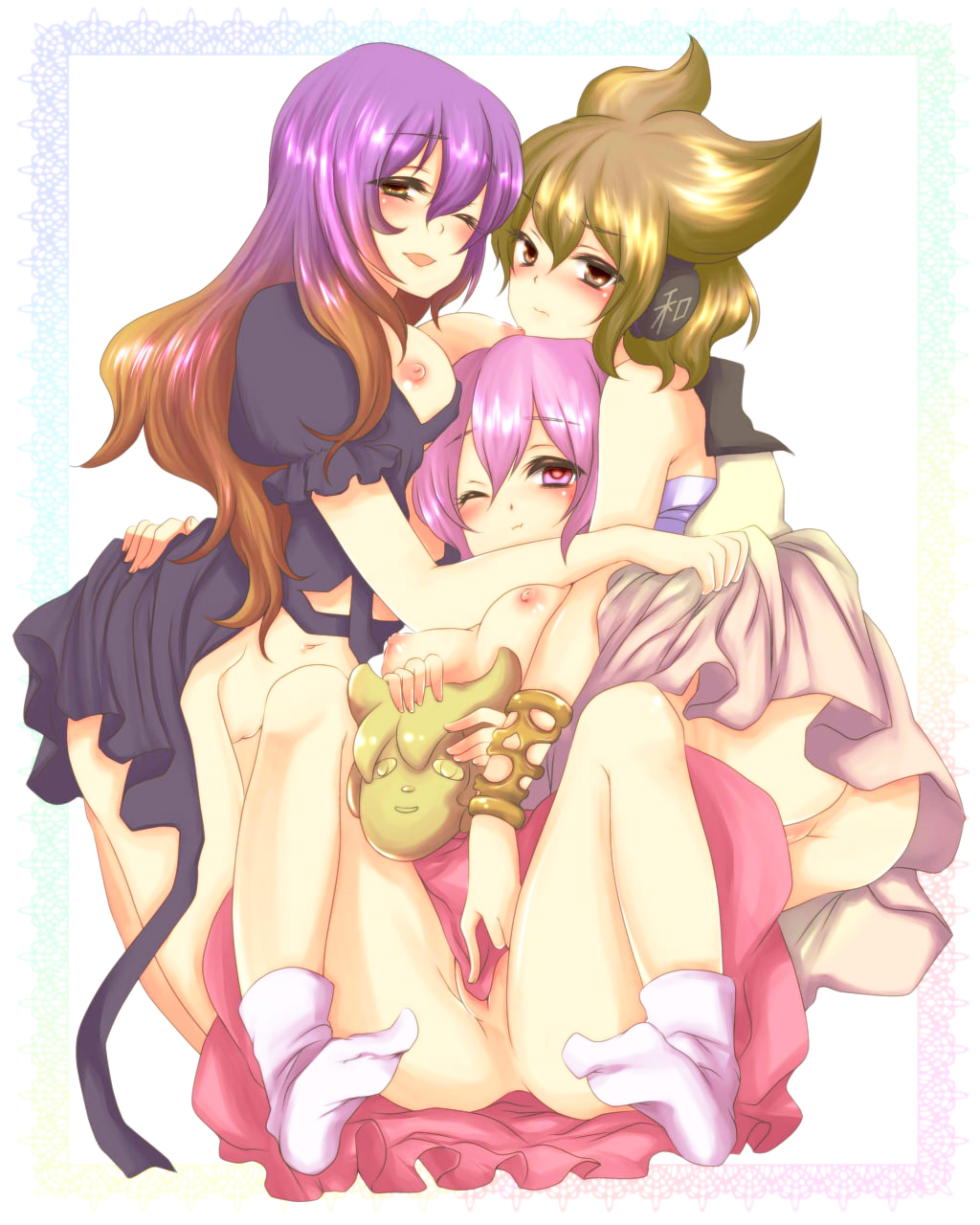 3girls :t armlet ass blush breasts brown_eyes brown_hair earmuffs girl_sandwich hata_no_kokoro highres hijiri_byakuren long_hair looking_at_viewer mimippu multicolored_hair multiple_girls navel new_mask_of_hope nipples no_panties open_mouth partially_visible_vulva pink_eyes pink_hair purple_hair pussy sarashi short_hair skirt smile socks topless touhou toyosatomimi_no_miko wink