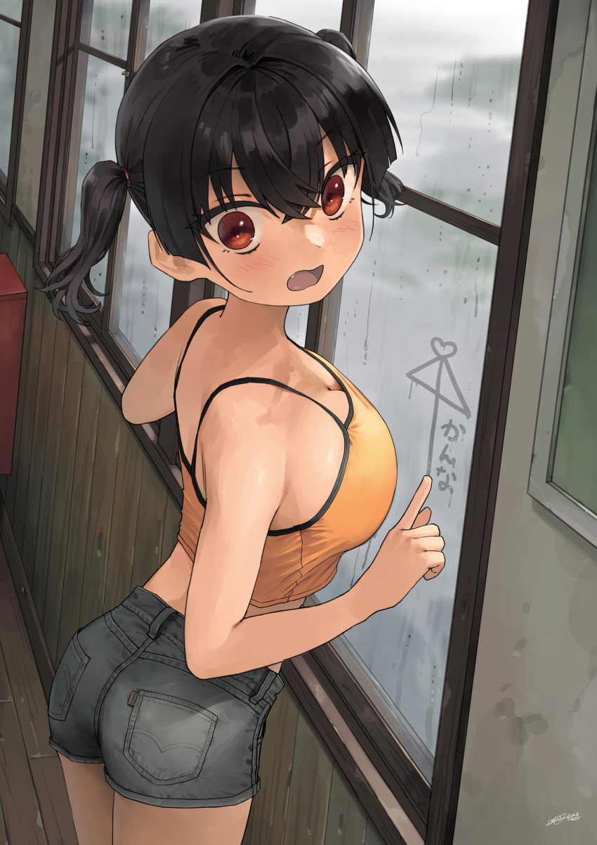 breasts against glass, gaki kyonyuu, kaedeko (kaedelic), kanna sasaki (kaedeko), rain, raining