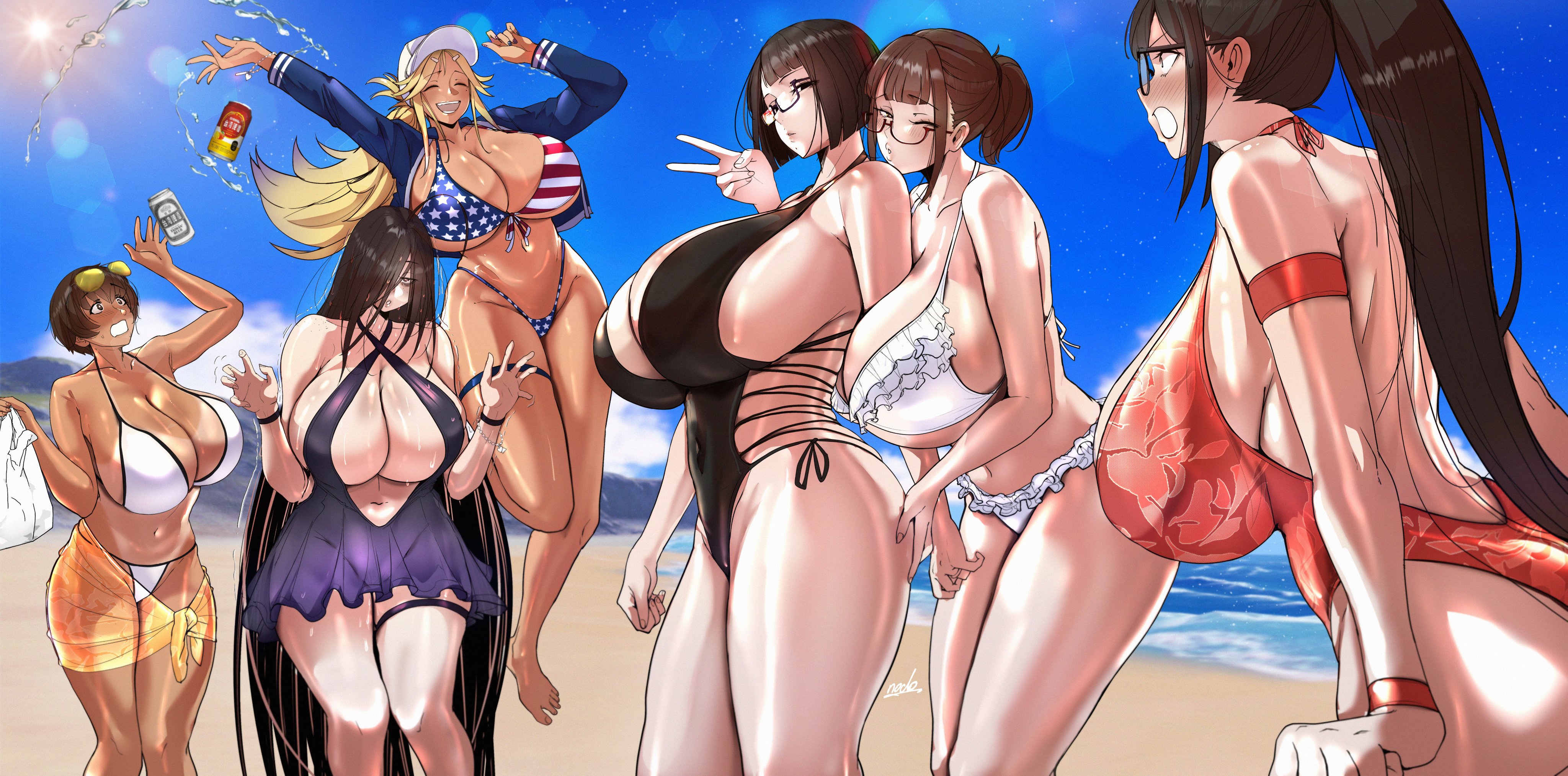 beach, bikini, glasses, huge breasts, multiple girls, puzenketsu, tanline