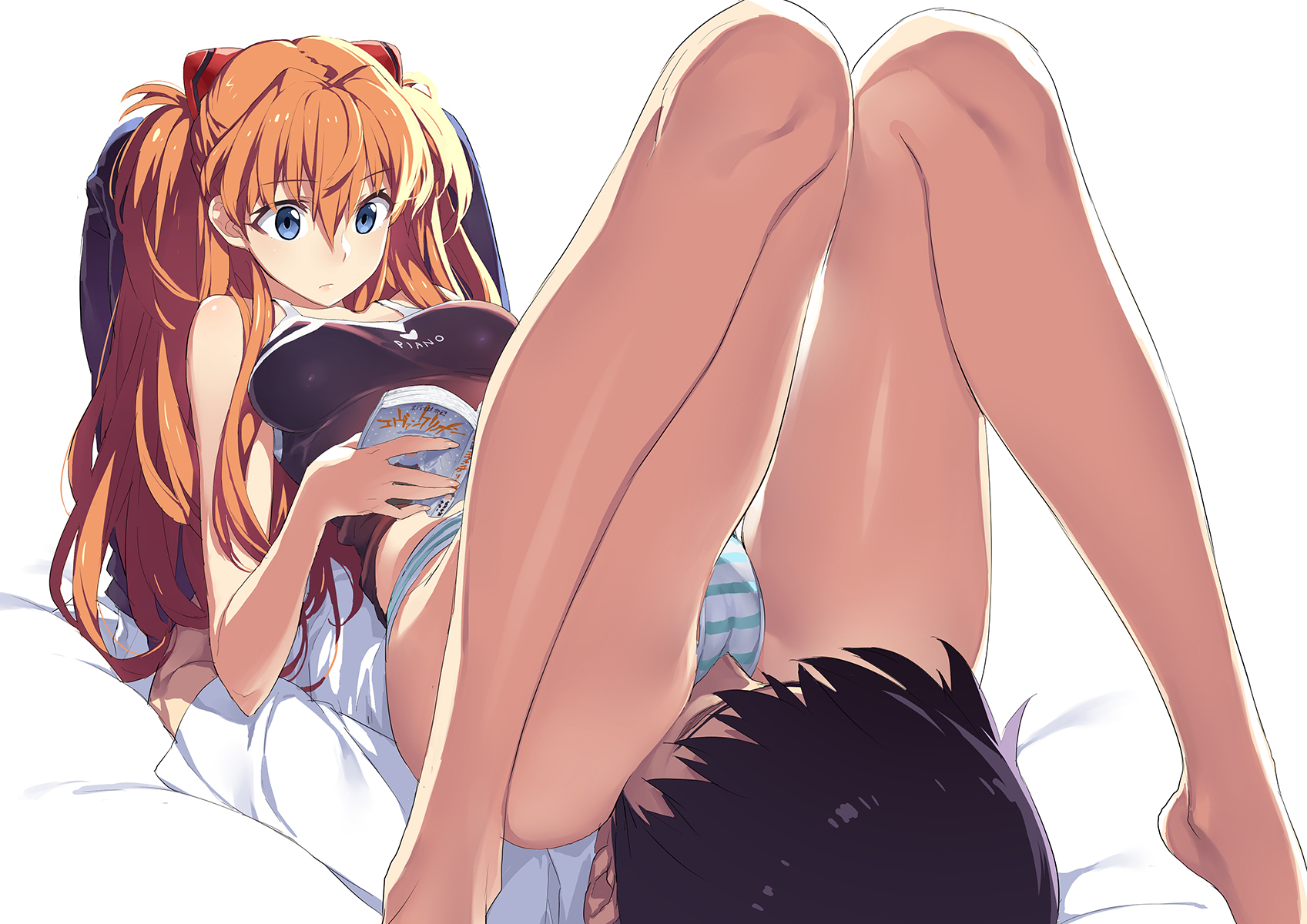 1boy, ass, ass focus, asuka langley sohryu, bare legs, bare shoulders, barefoot, between buttocks, black hair, blue eyes, book, breasts, cameltoe, closed eyes, clothes writing, curvy, expressionless, face in ass, faceless, faceless male, female, femdom, hair ornament, highres, ikari shinji, interface headset (evangelion), knees together feet apart, legs, legs up, long hair, long legs, lying, lying on person, manga (object), medium breasts, meta, multitasking, neon genesis evangelion, neon genesis evangelion (manga), on back, open book, orange hair, panties, reading, sexually suggestive, shiny skin, short hair, sitting, sitting on face, sitting on person, straight, striped clothes, striped panties, tank top, tatsuwo, thighs, twintails, underwear, very long hair, wide hips