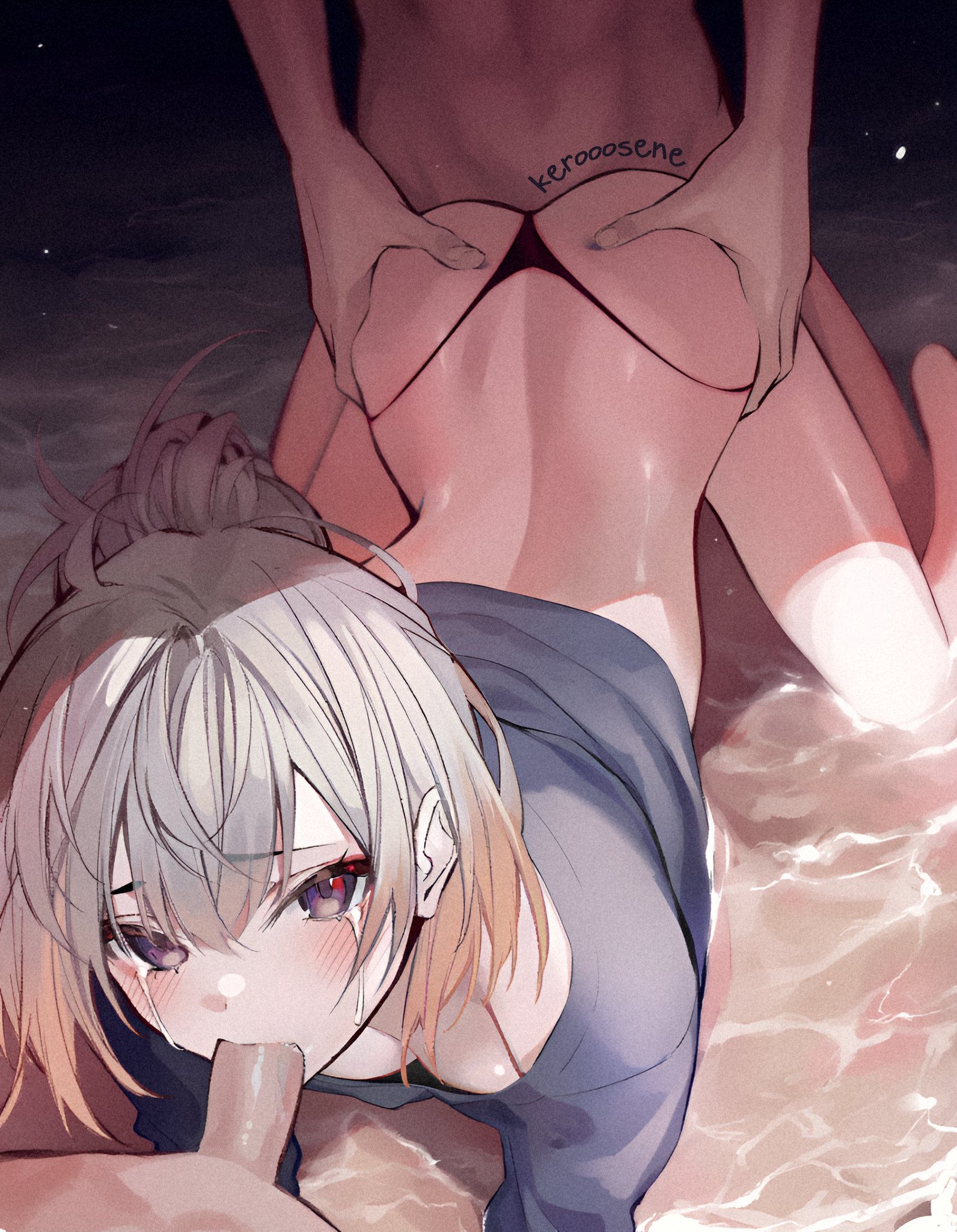 1girls, 2boys, all fours, ass, blush, breasts, character request, copyright request, crop top, doggy style, fellatio, female, female focus, kerooosene, multiple boys, oral, panties, sex, sex from behind, small breasts, spitroast, straight, tears, thighs, vaginal penetration