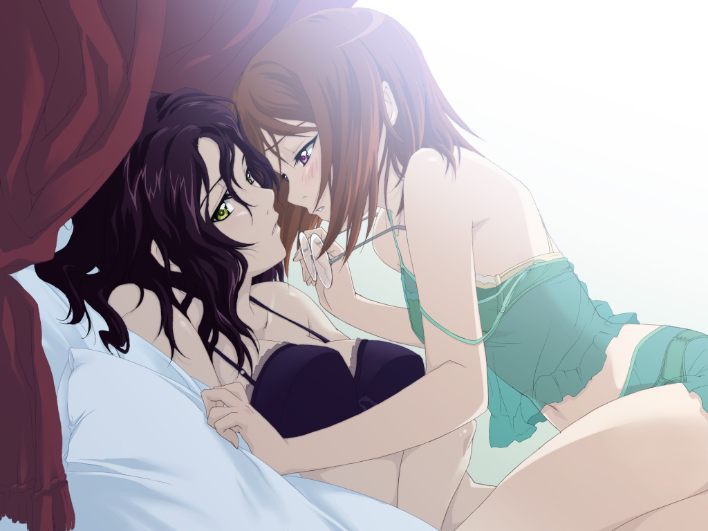 bed bra brown_hair caimu camisole duplicate female glasses green_eyes lingerie midriff multiple_girls panties paraietta pillow purple_eyes purple_hair saipaco see-through simoun strap_slip underwear yuri