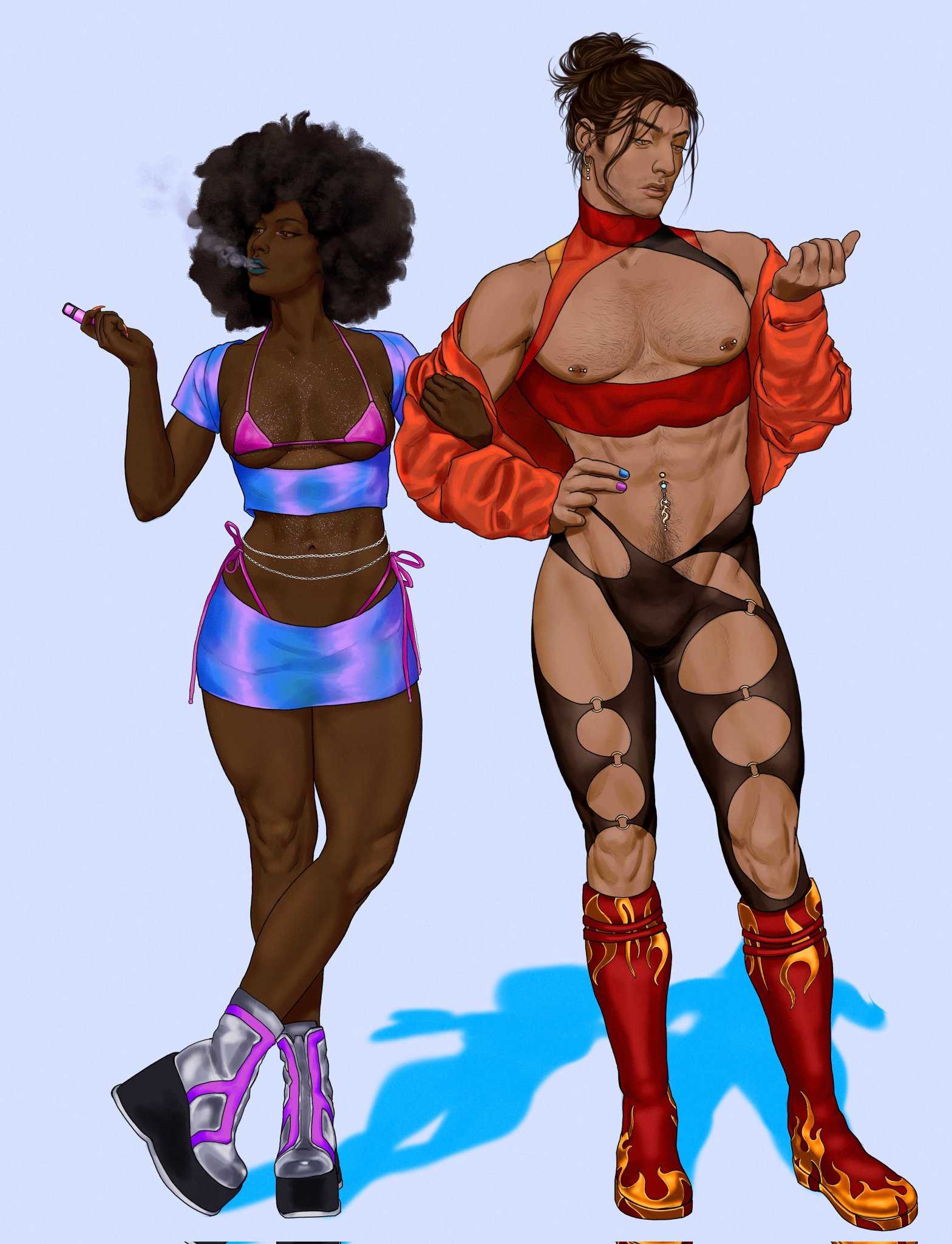 almost naked, bikini, blue lipstick, bulge, dark skin, dark-skinned female, dispatch (game), female, flambae, gay, male, male with painted nails, muscular, muscular male, pointyshoesmf, prism, prism (dispatch)