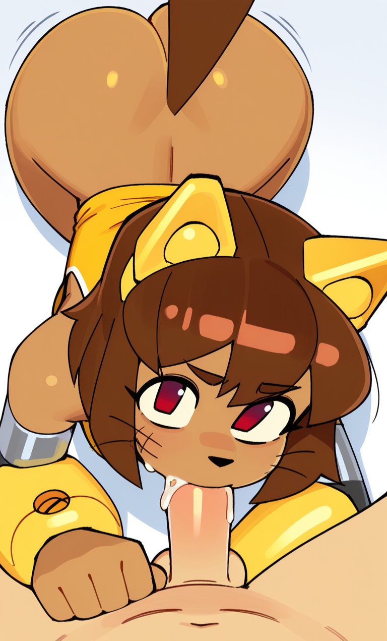 2d, ai assisted, ai generated, anthro, bending over, blowjob, blush, catgirl, feline, fellatio, female, furry, gameoverse, glitch productions, kit (gameoverse), kit bodega, pov, viewed from above, youtube