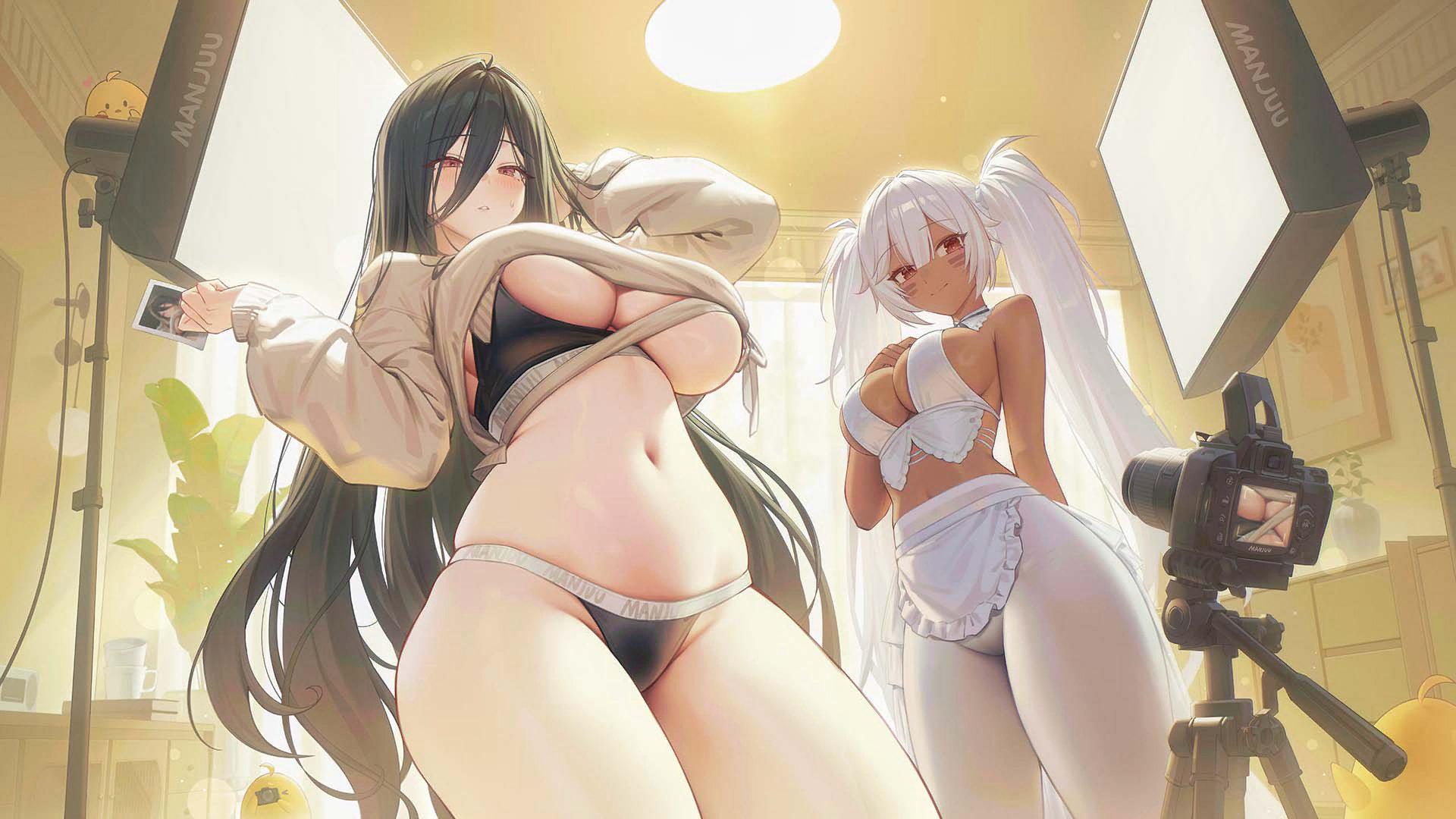 2girls, alabama (azur lane), alabama (through your lens my everything) (azur lane), apron, azur lane, bangs, bikini, black bikini, black bra, black flower, black hair, black panties, breasts, camera, cleavage, closed mouth, cowboy shot, crop top, dark skin, dark-skinned female, francesco caracciolo (azur lane), francesco caracciolo (confession under the spotlight) (azur lane), from below, hair between eyes, hand on own chest, hand up, holding, holding camera, indoors, large breasts, light skin, light-skinned female, long hair, long sleeves, looking at viewer, midriff, multiple girls, navel, official art, panties, pants, pantyhose, red eyes, shirt, skindentation, smile, standing, stomach, sweater, sweater lift, swimsuit, thighs, twintails, underboob, underwear, very long hair, waist apron, white apron, white hair, white shirt
