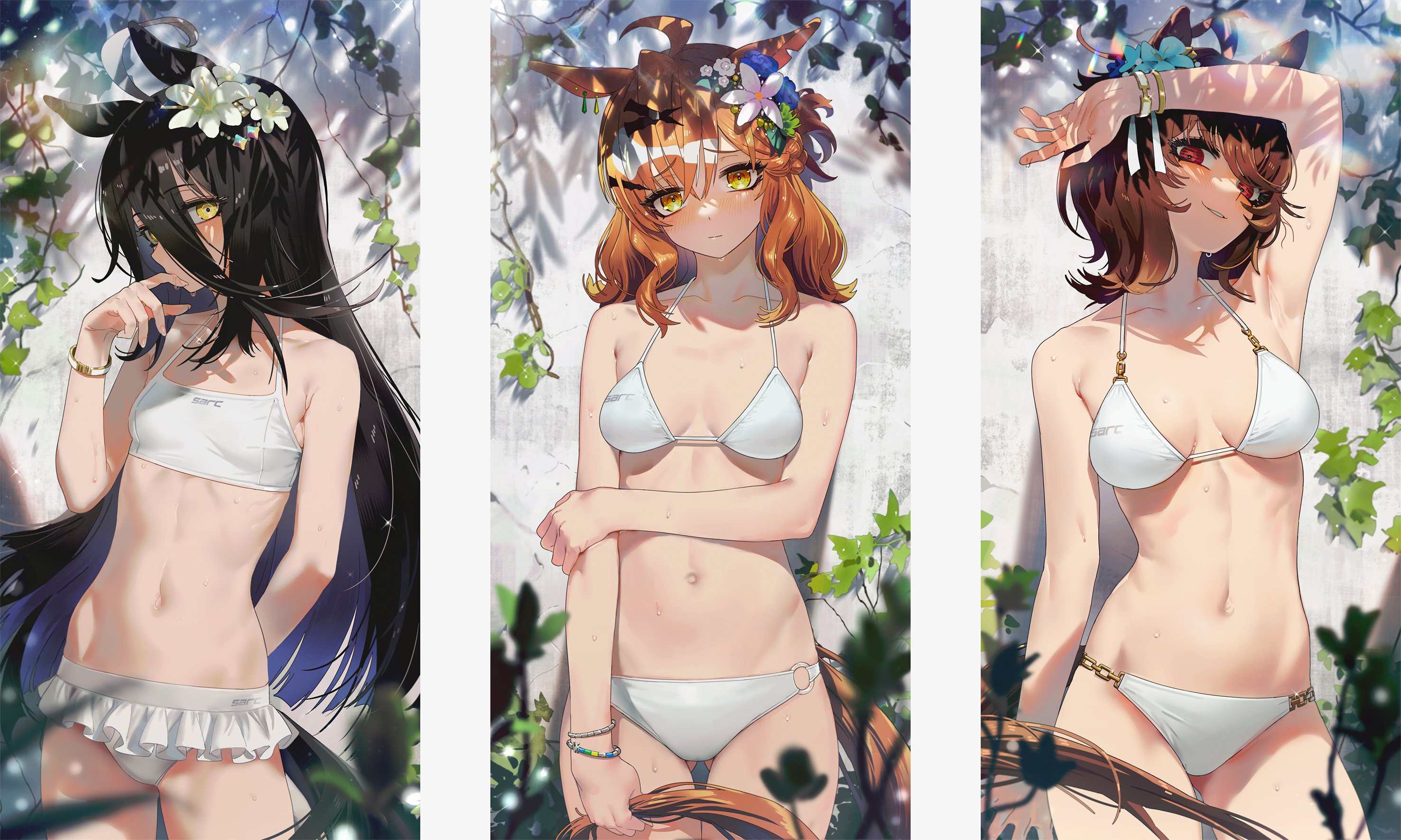 1girls, 3girls, agnes tachyon (umamusume), ahoge, animal ears, armpits, bare arms, bare shoulders, bikini, black hair, blush, bracelet, breasts, brown eyes, brown hair, closed mouth, collarbone, commentary request, diffraction spikes, female, female only, flower, hair between eyes, hair flower, hair ornament, halterneck, highres, horse ears, horse girl, horse tail, jewelry, jungle pocket (umamusume), long hair, looking at viewer, manhattan cafe (umamusume), medium breasts, medium hair, multiple girls, navel, notched ear, open mouth, outie navel, plant, sarcophage, small breasts, smile, string bikini, sweat, swimsuit, tail, umamusume, vines, wet, white bikini, white flower, yellow eyes