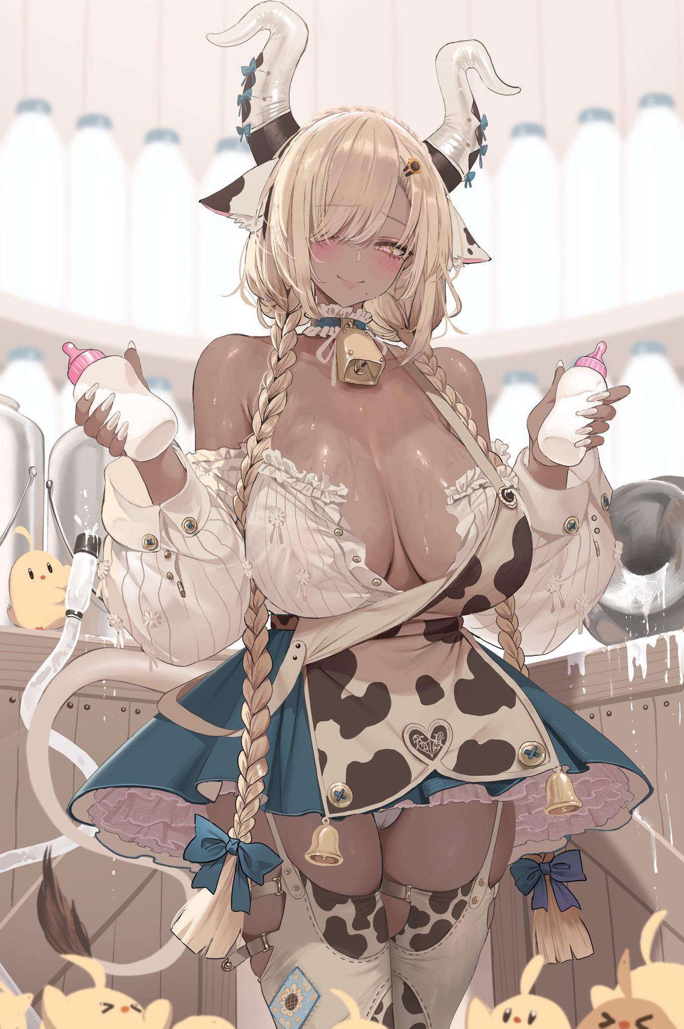 animal ears, animal print, apron, azur lane, bangs, bare shoulders, bell, blonde hair, blush, bottle, braid, breasts, cleavage, cow ears, cow girl, cow horns, cow print, cow tail, cowbell, dark skin, dark-skinned female, dishwasher1910, ear tag, extra ears, eyebrows visible through hair, female, gyaru, hair ornament, hair over one eye, holding, horns, huge breasts, large breasts, long hair, looking at viewer, milk, milk bottle, original, owari (azur lane), smile, solo, tail, tan, thighhighs, tongue out, twin braids, very long hair, yellow eyes