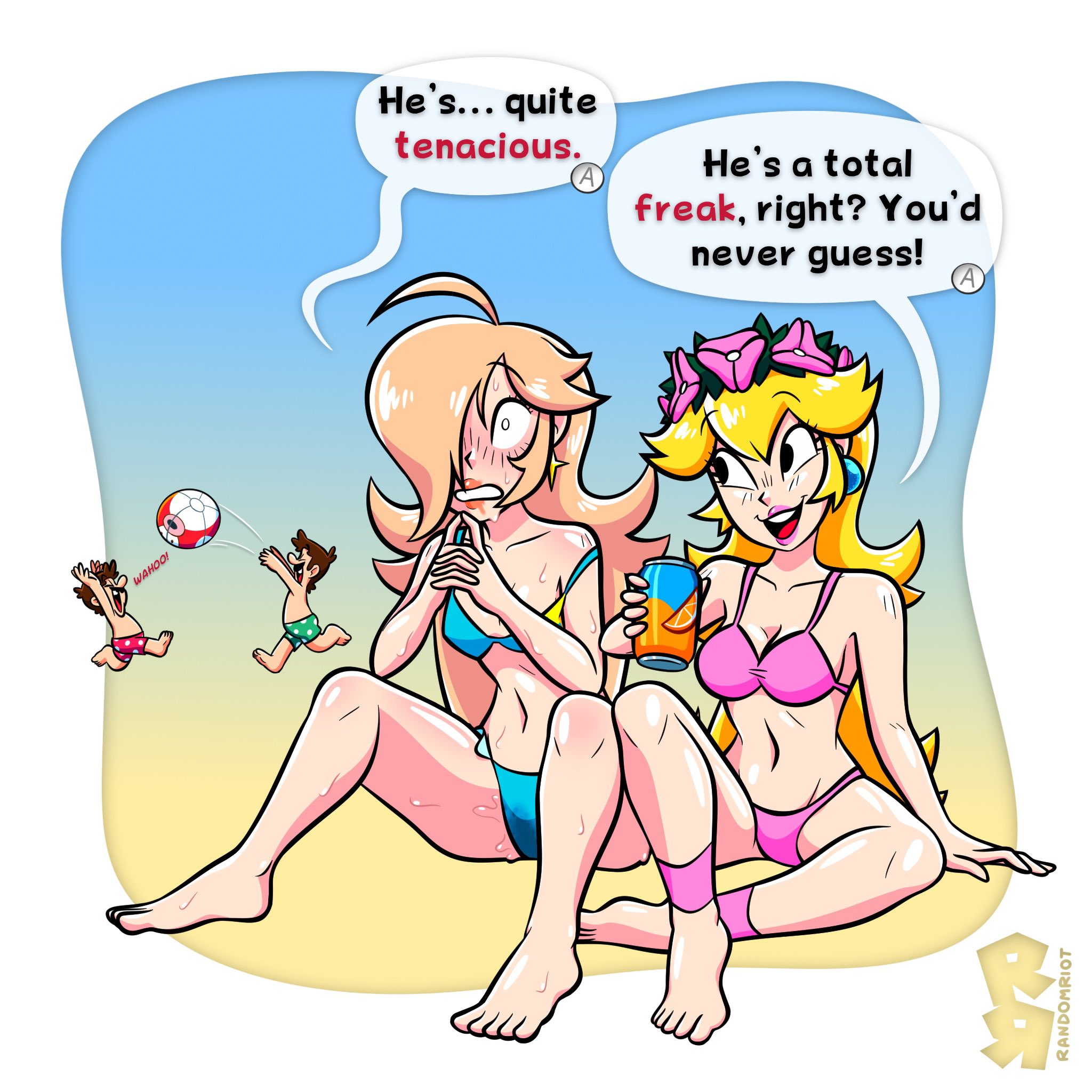 2girls, after sex, after vaginal, bikini, blonde hair, blue clothing, flower crown, luigi, mario, mario (series), pink clothing, princess peach, princess rosalina, randomriot, rosalina, sibling (lore), siblings, sister (lore), sisters, stained panties, super mario bros., super smash bros.