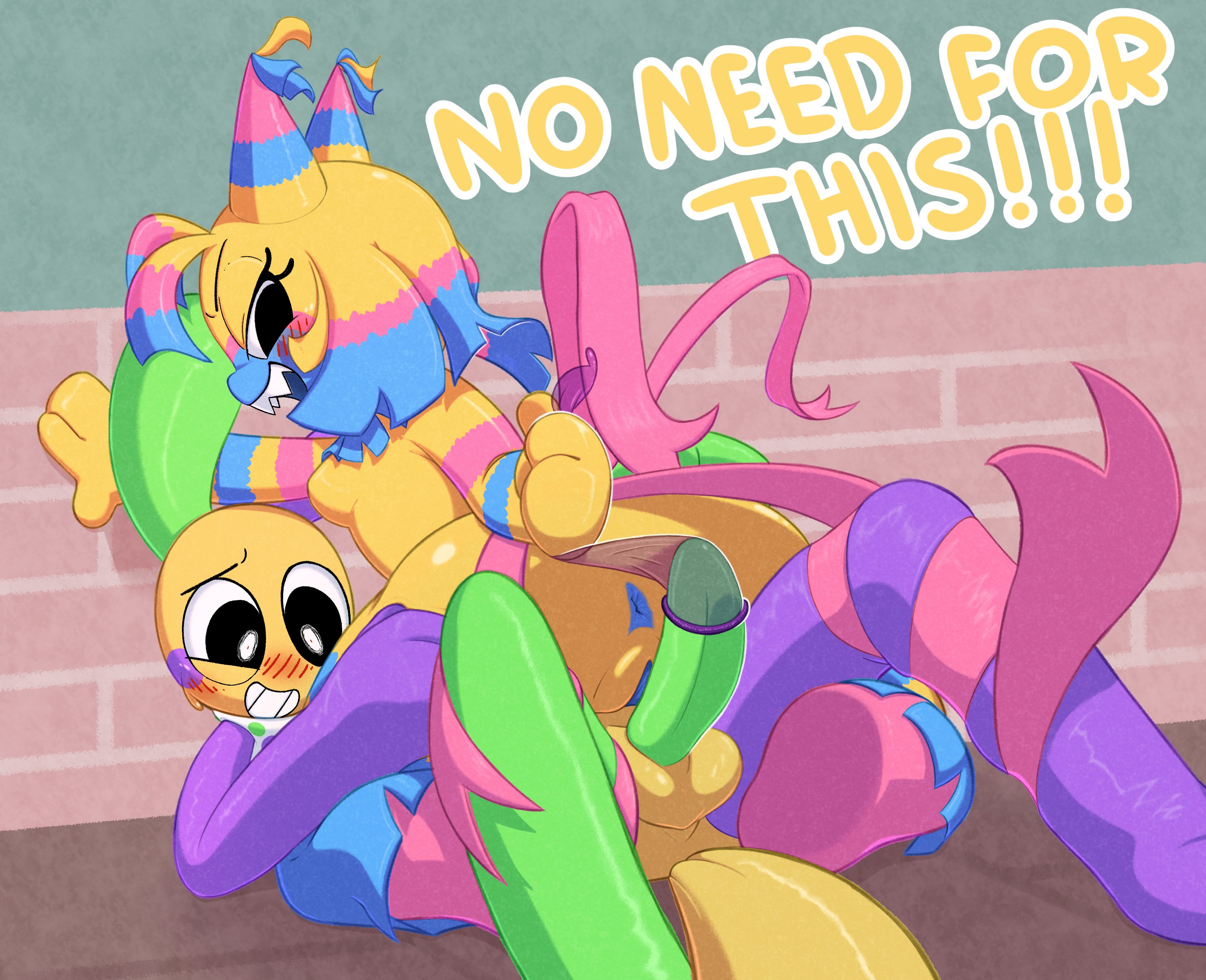 1boy, 1boy1girl, 1girls, 2026, absurd res, animate inanimate, anthro, ass, balloon, balls, blue asshole, blue body, blush, blushcrunch studio, breasts, clothed, clothing, condom, condom refusal, dandy's world, dandys world, dialogue, digital media (artwork), duo, erection, fat ass, fat cock, fat pussy, female, four-pundo, fourpundo, genitals, green body, hi res, highres, humanoid, imminent sex, inflatable, living pinata, looey (dandy's world), male, male/female, multicolored body, no condom, nude, open mouth, penis, pinata, pink body, purple body, removing condom, roblox, roblox game, sexual barrier device, sharp teeth, smile, tagme, tail, taking off condom, teeth, text, toon (dandy's world), vaginal penetration, yatta (dandy's world), yellow body
