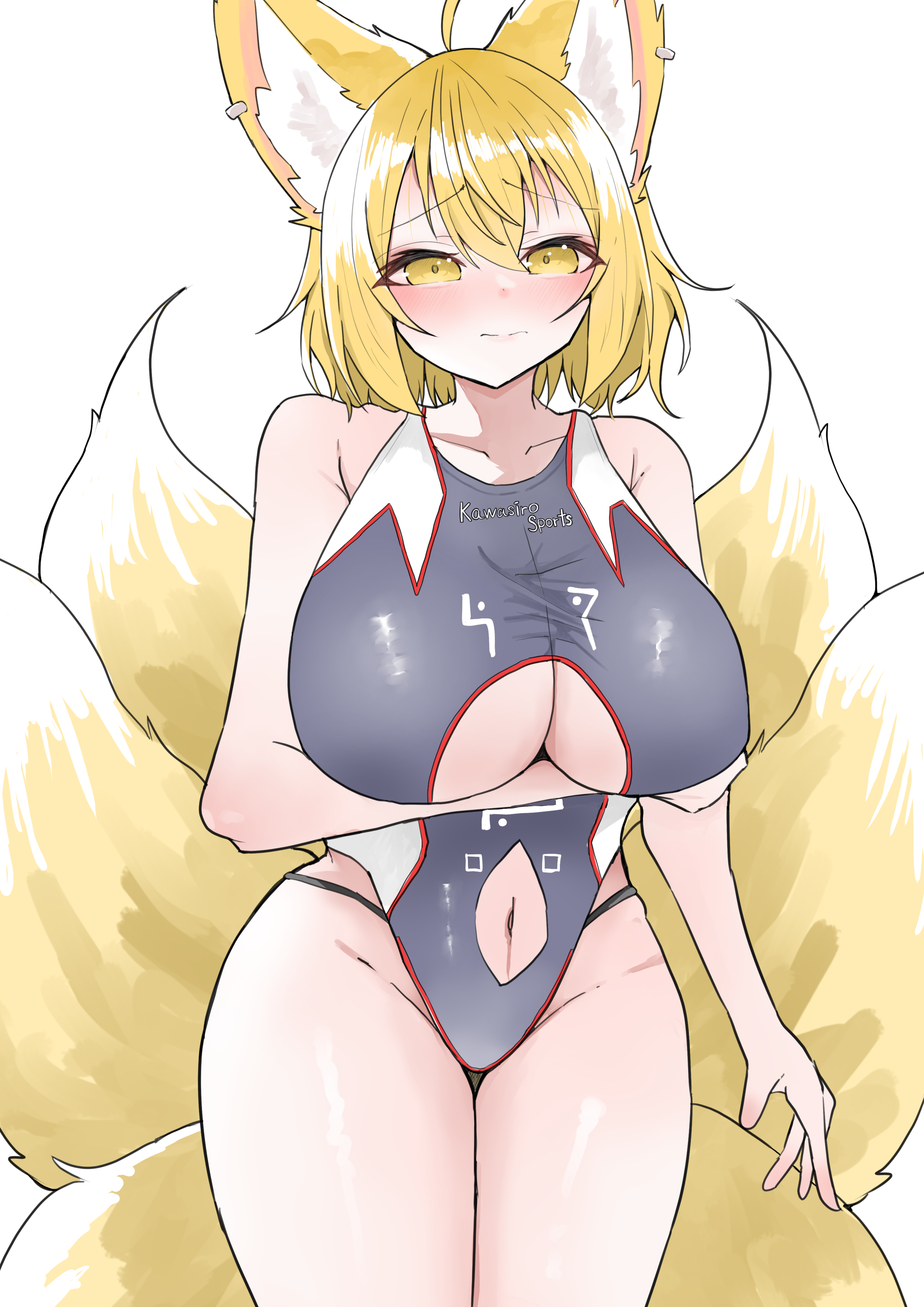1girls, 2025, 9 tails, animal ears, big breasts, blush, breasts, closed mouth, clothed, clothing, color, colored, competition swimsuit, embarrassed, female, female only, fox, fox ears, fox girl, fox tail, hi res, huge breasts, light skin, light-skinned female, looking away, partially clothed, ran yakumo, regua, short hair, simple background, solo, swimsuit, tail, touhou, touhou project, white background, white skin, yakumo ran, yellow eyes, yellow hair