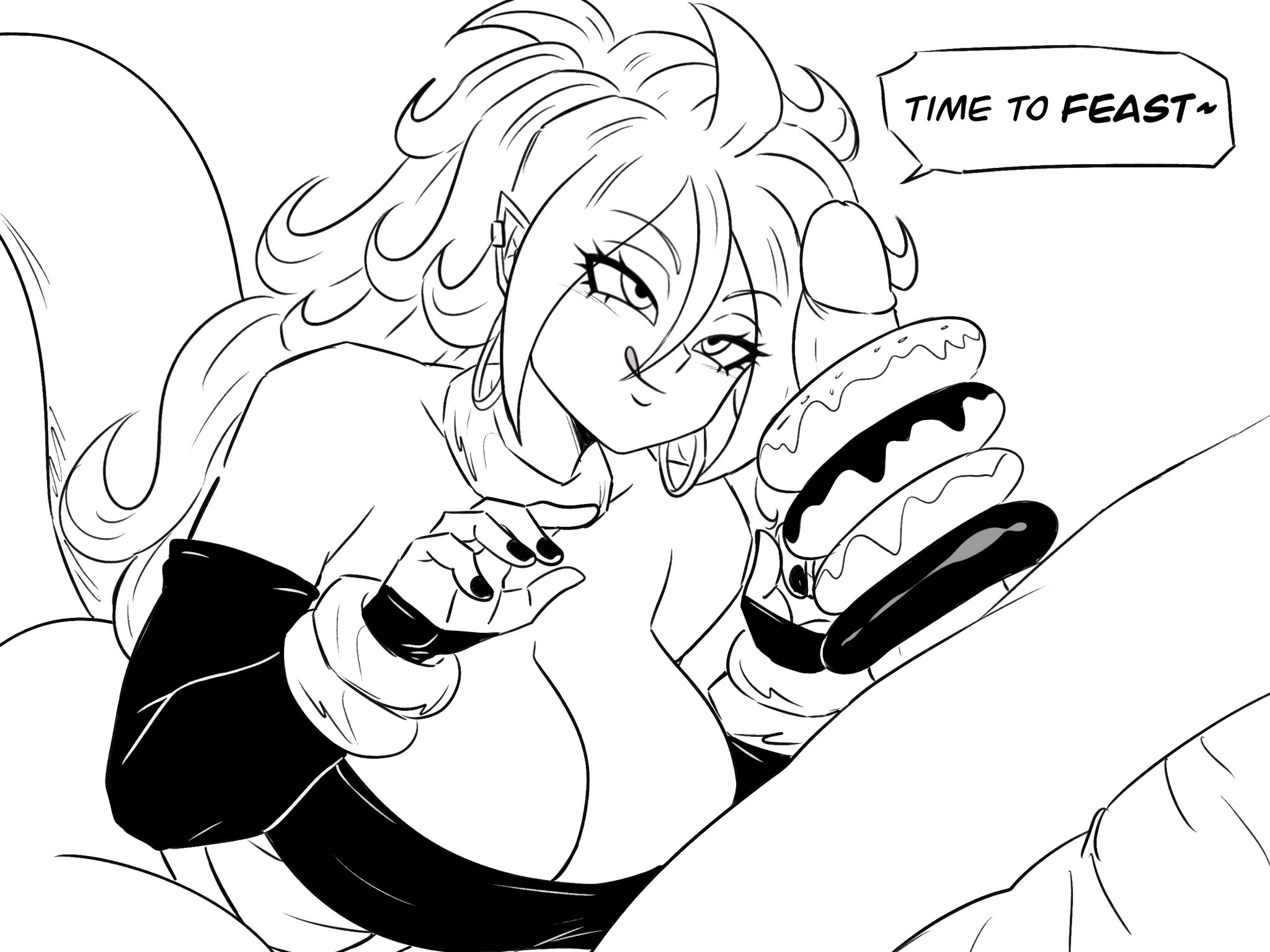 1boy, 1girls, android 21, android 21 (good), android girl, arc system works, baggy pants, bandeau, bare shoulders, bed, bedroom, big breasts, black nails, breasts, choker, cleavage, cock, darwaarts, dick, donut on penis, dragon ball, dragon ball fighterz, dragon ball super, dragon ball z, earrings, faceless male, female, foodplay, harem pants, imminent fellatio, imminent oral, jewlery, large breasts, long hair, looking at another, looking at penis, majin android 21, mature female, milf, monochrome, monster girl, penis, penis worship, pointy ears, shounen jump, shueisha, stacking donuts, tail, tailed humanoid, tongue, tongue out, tube top, tubetop, vomi (dragon ball), white background