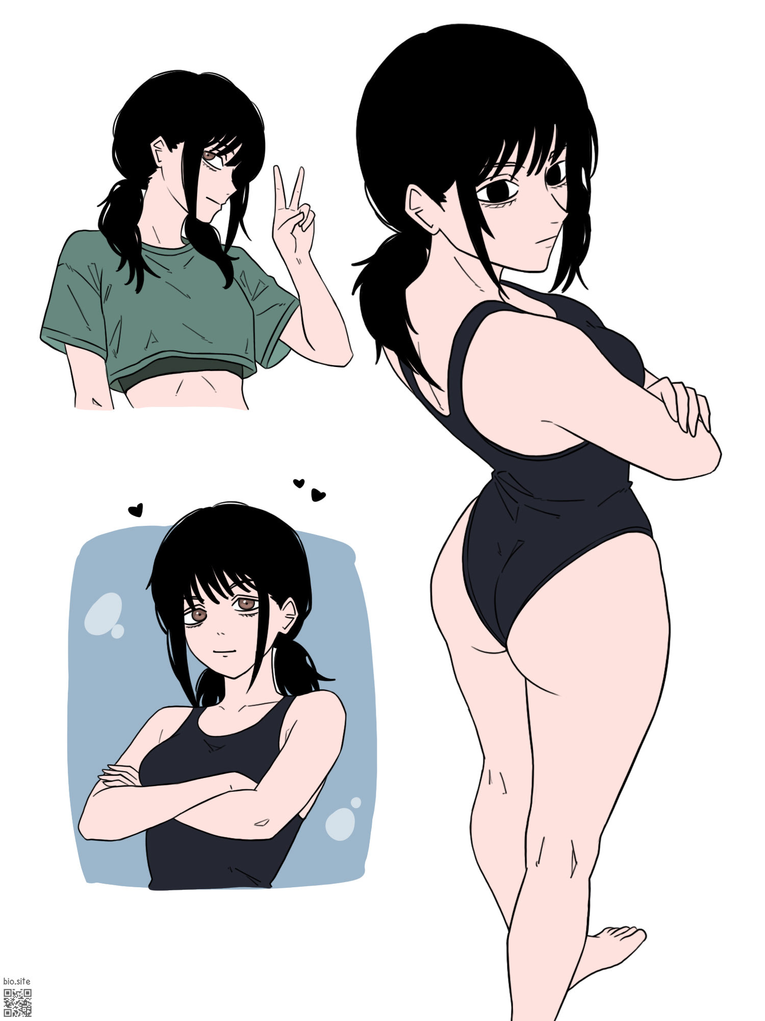 arms crossed, ass, ass focus, big ass, bikini, black bikini, black eyes, black hair, black one-piece swimsuit, black swimsuit, black swimwear, black-eyed female, black-haired female, blank expression, blank eyes, blank stare, bored, bored expression, breasts, brown eyes, chainsaw man, crossed arms, cute, emotionless, female, female focus, female only, head tilt, heart, hourglass figure, looking at viewer, looking back, mitaka asa, nbart19047, neutral expression, one-piece swimsuit, pale skin, pale-skinned female, peace sign, shounen jump, slim waist, swimsuit, swimwear, thick thighs, tight clothing, tilted head, twintails, v sign, white background