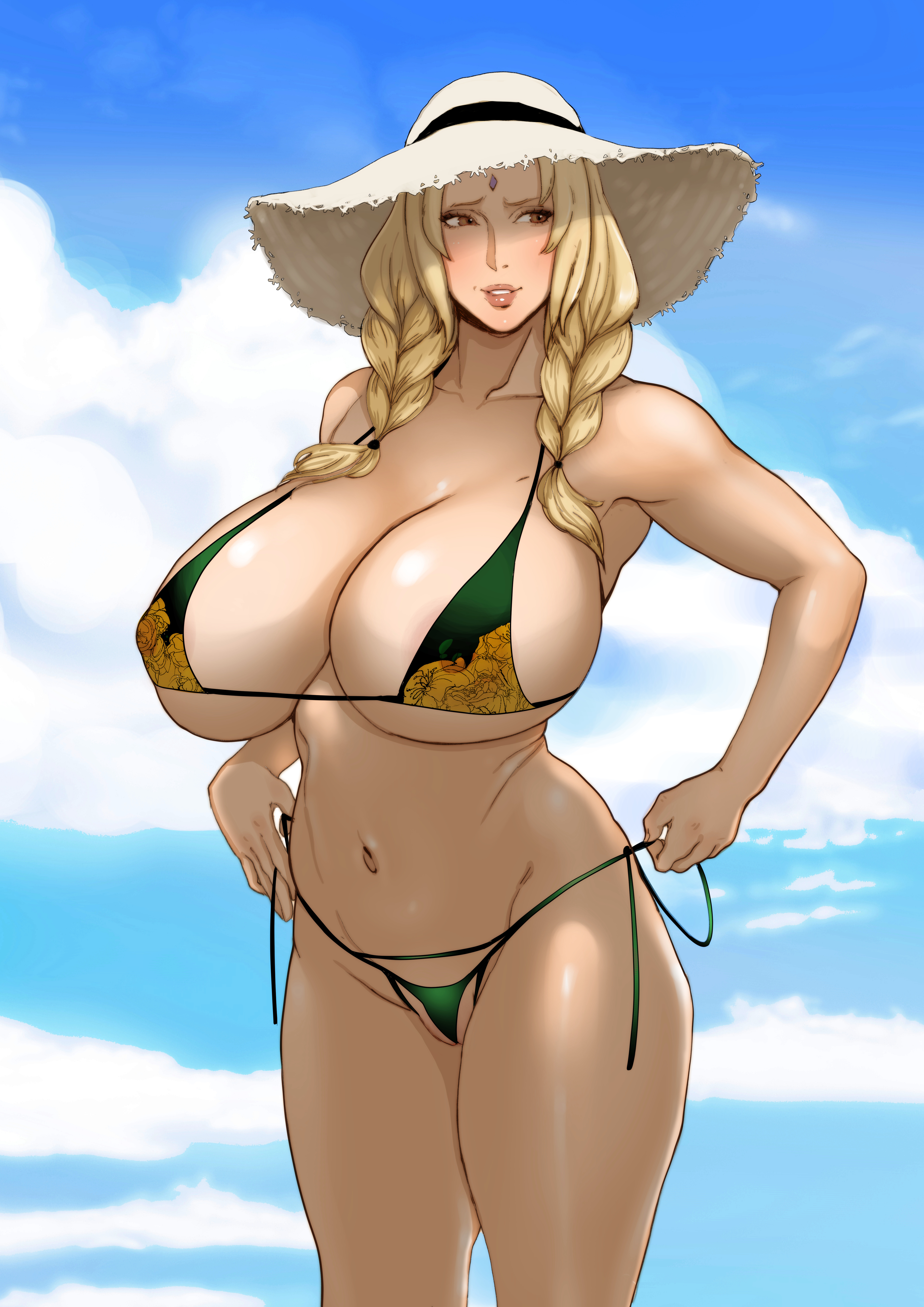 1girls, 2024, absurd res, absurdres, adjusting clothes, big breasts, bikini, bikini bottom, bikini top, blonde hair, bottomwear, braid, braided hair, breasts, brown eyes, cleavage, female, female only, forehead jewel, green bikini, hair, hat, headwear, high resolution, highres, huge breasts, jnsdh, large breasts, lips, mature, mature female, mature woman, milf, naruto, naruto (series), nipple bulge, smile, solo, solo female, sun hat, swimwear, topwear, tsunade