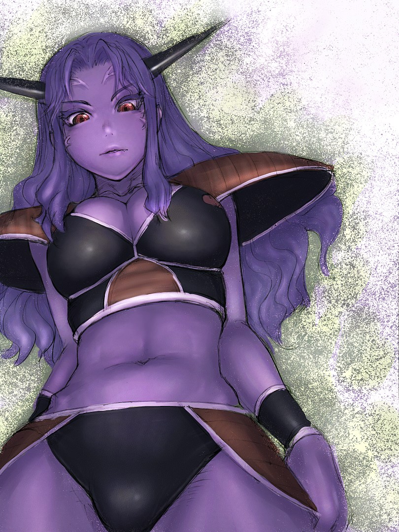 armor, breasts, brown eyes, captain ginyu, closed mouth, color, dragon ball, dragon ball z, female, female only, front view, hair, horns, long hair, looking at viewer, open eyes, purple hair, purple skin, round ears, rule 63, solo, vein