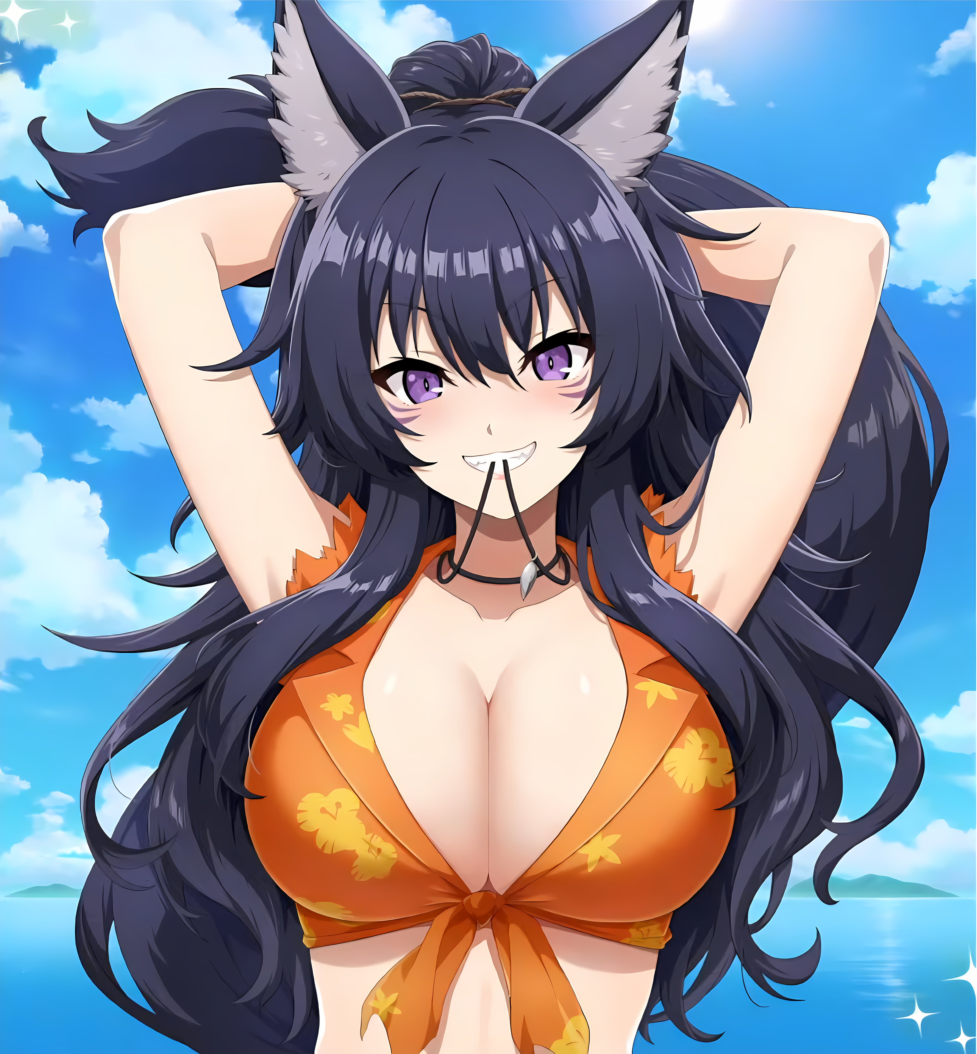 1girls, 2025, animal ears, animal tail, arms behind head, arms up, beach, big breasts, black hair, blush, breasts, collar, color, colored, delta (the eminence in shadow), dog ears, dog girl, dog tail, female, female only, hair, hi res, kage no jitsuryokusha ni naritakute!, light skin, light-skinned female, long hair, ocean, ocean background, purple body, sky, smile, solo, tail, the eminence in shadow, viewed from above