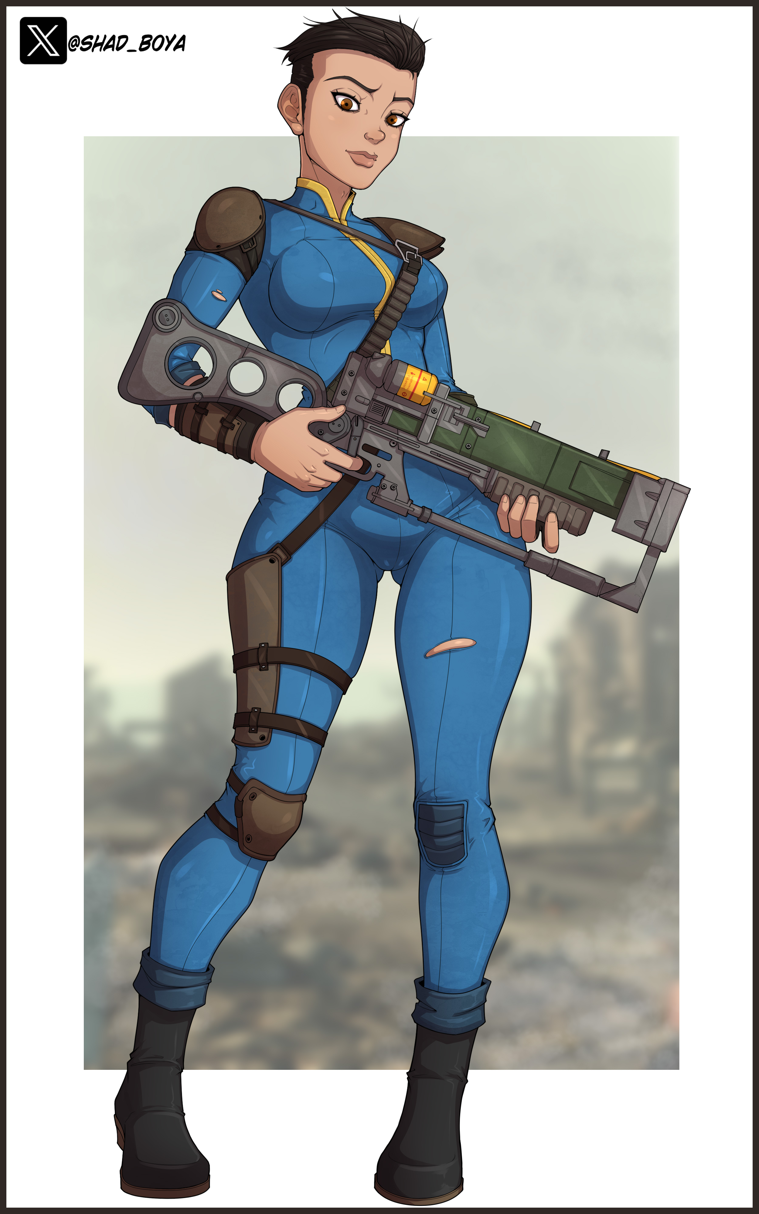 1girls, bodysuit, camel toe, cameltoe, cloth, commission, curvaceous, curvy, curvy body, curvy female, curvy figure, fallout, fallout (series), female, female only, fully clothed, lone wanderer, pinup, shadboya, skin tight, skinsuit, solo, thick legs, thick thighs, thighs, tight clothing, variant set, vault girl, wide hips, wide thighs