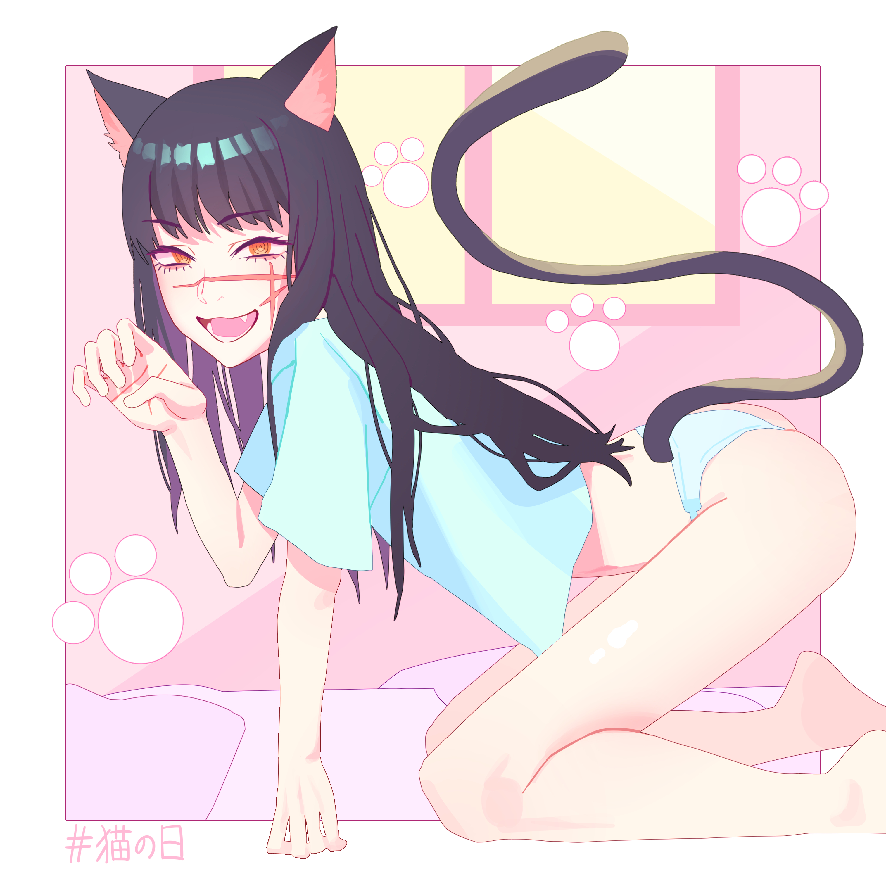 absurdres, all fours, animal ears, ass, black hair, cat ears, cat girl, cat tail, catgirl, chainsaw man, facial scar, female, highres, long hair, oerba yun fang, open mouth, panties, paw pose, ringed eyes, scar, scar on cheek, scar on face, scar on nose, shirt, solo, tail, tare negima, underwear, white panties, white shirt, yellow eyes, yoru (chainsaw man)