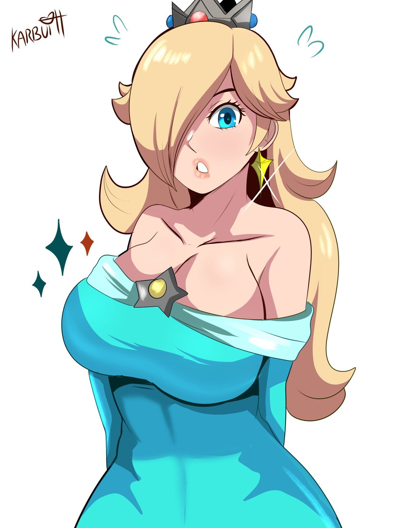 artist name, artist signature, big breasts, blue eye, breasts, crown, earring, hair over one eye, karbuitt, looking at viewer, mario (series), princess rosalina, super mario galaxy, white background