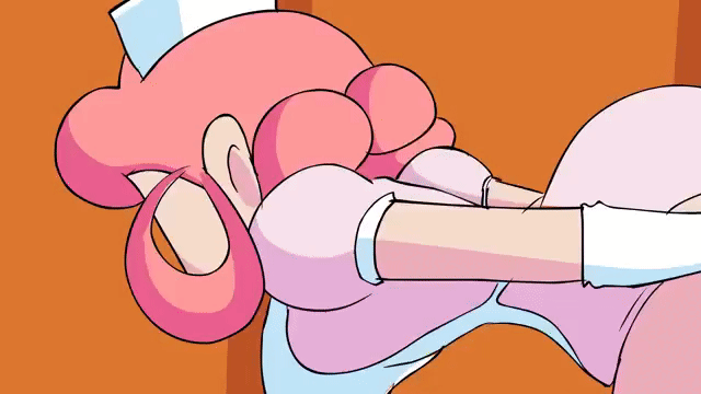 1girls, animated, bouncing breasts, fart, female, female focus, female only, gloves, looking at viewer, looking back, meme, nurse joy, on desk, pokemon, solo, solo female, solo focus, spazkid, tagme