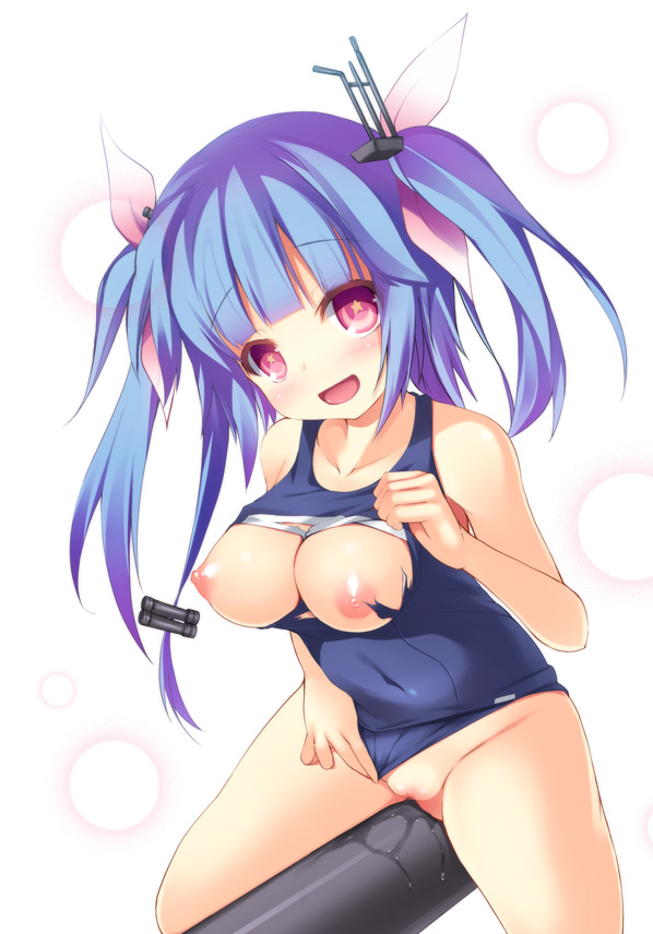 blue_hair blush breasts female hair_ornament hair_ribbon i-19_(kantai_collection) kadokawa_shoten kantai_collection long_hair one-piece_swimsuit open_mouth personification pussy_juice red_eyes ribbon safi school_swimsuit solo swimsuit symbol-shaped_pupils tied_hair torn_clothes torpedo twintails