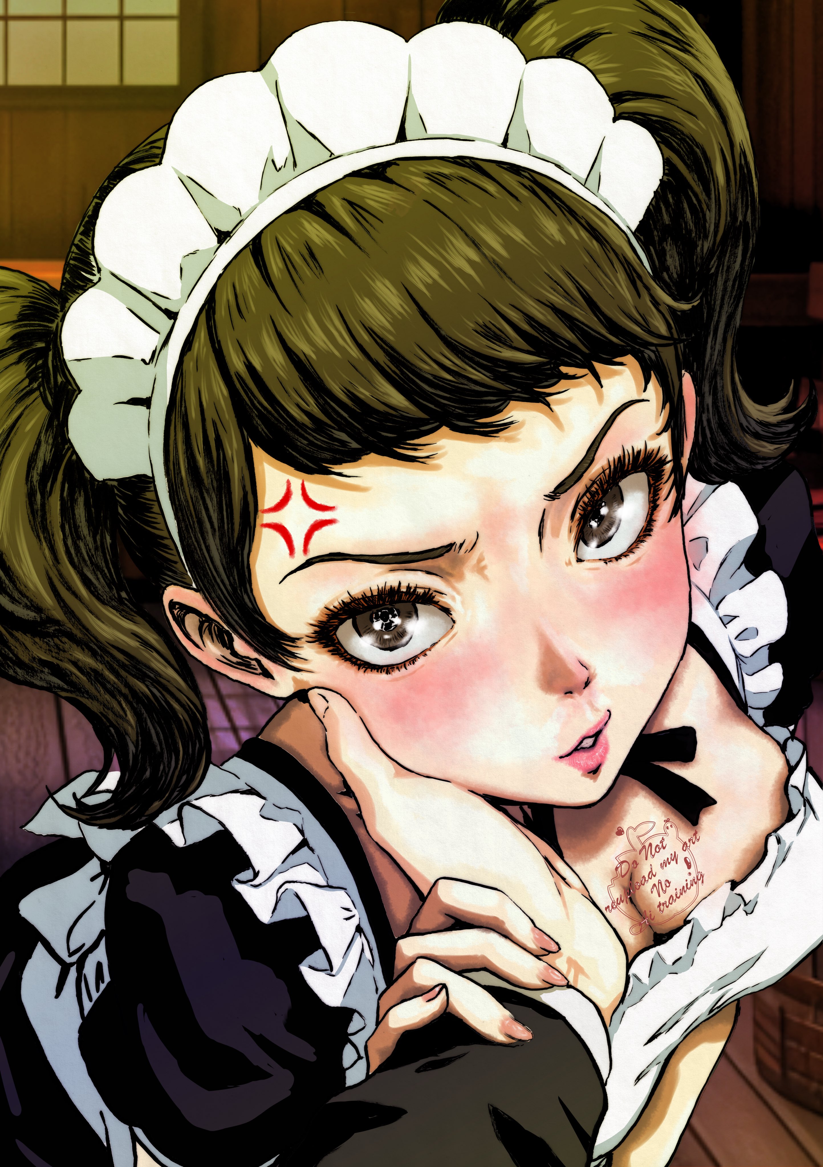 1girls, absurdres, anger vein, becky (persona), big breasts, blush, breasts, brown eyes, brown hair, commentary request, female, female only, hand on another's cheek, hand on another's face, highres, lips, looking at viewer, maid, maid headdress, oeilvert fft, persona, persona 5, sadayo kawakami, twintails
