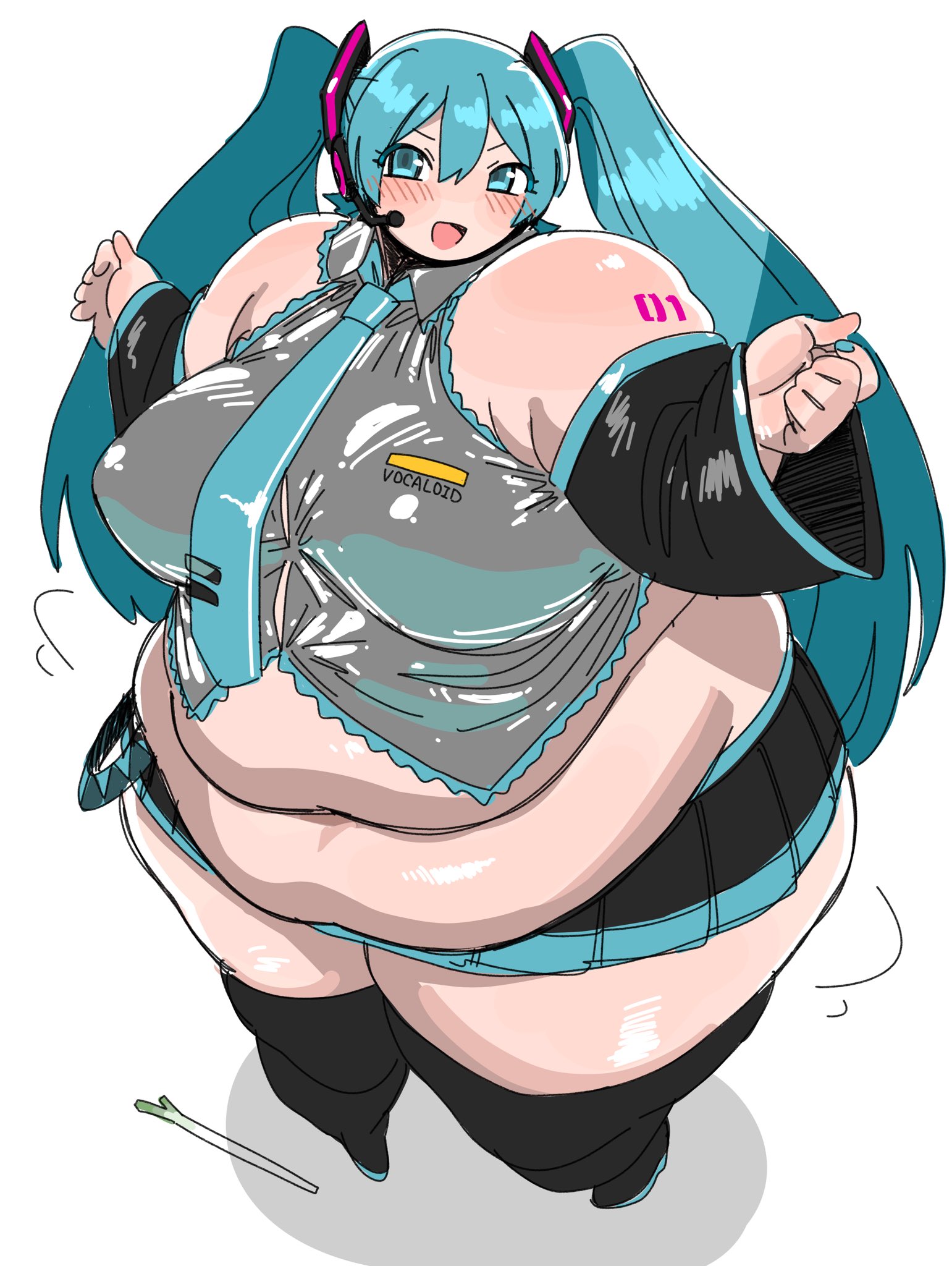 1girl, aqua eyes, aqua hair, aqua necktie, bare shoulders, bbw, belly overhang, big belly, blue eyes, blush, boots, breasts, detached sleeves, exposed midriff, fat, fat female, fat fetish, grey shirt, hair between eyes, hatsune miku, headset, kiida (artist), long hair, looking at viewer, navel, necktie, open mouth, simple background, skirt, smile, solo, spring onion, thick arms, thick thighs, thighhighs, thighs, twintails, very long hair, vocaloid, white background