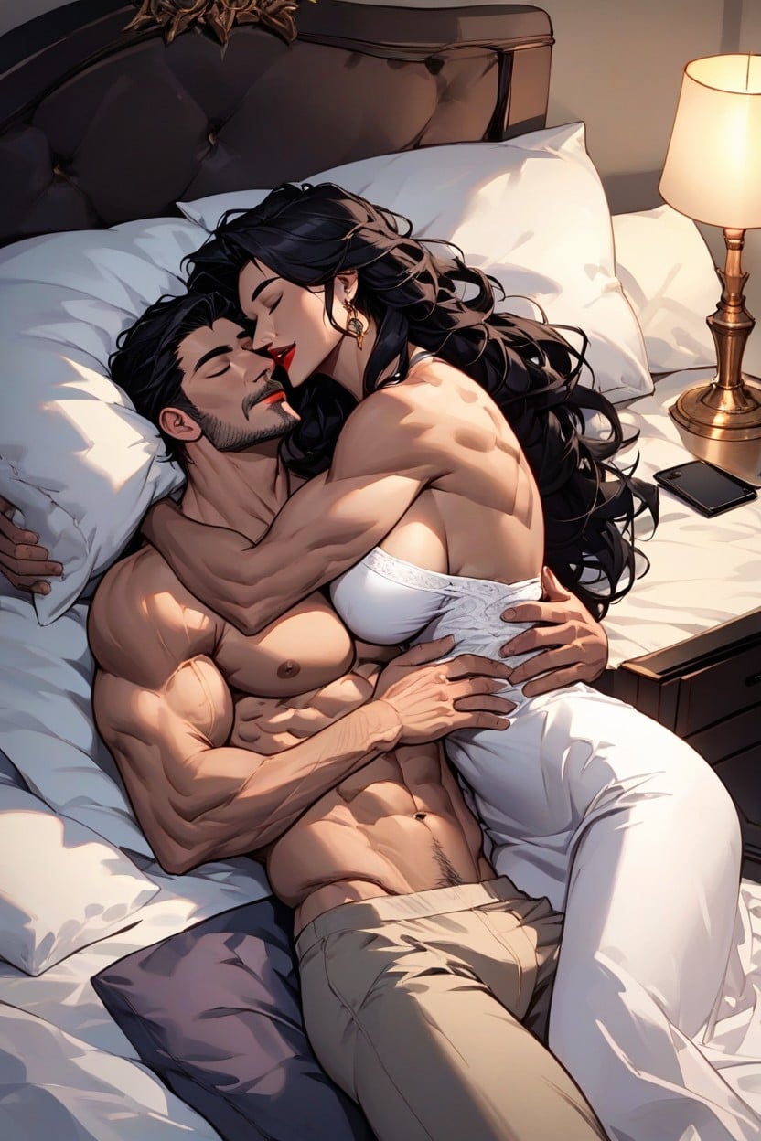 1boy, 1boy1girl, 40s, abs, adult female, adult male, ai, ai art, ai assisted, ai generated, ai hands, ai-created, amazon, american male, bed, big breasts, big muscles, black hair, breasts, dc, dc comics, earrings, female, greek female, greek mythology, hippolyta, hotel, hotel room, hug, justice league, lamp, lying on back, lying on bed, muscular, muscular female, muscular male, nightie, on back, pants, red lipstick, red lipstick mark, sevalgold, sleeping, superhero, superheroine, ted grant, themysciran, topless, wildcat (dc), wonder woman (series)