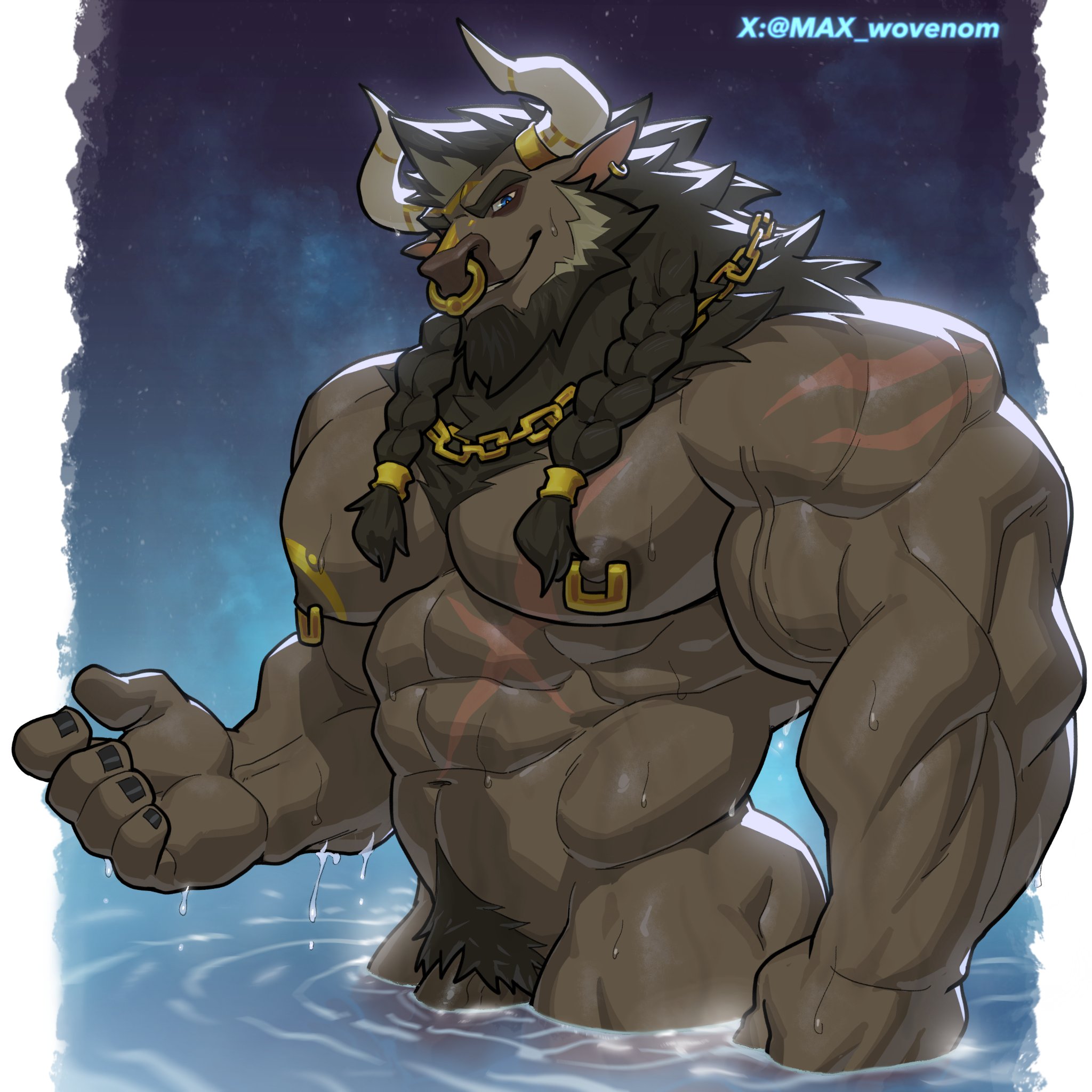 1:1, 2 horns, 2026, abdominal scar, abs, anthro, barazoku, biceps, blizzard entertainment, blue eyes, bovid, bovine, braided hair, brown body, brown fur, brown hair, chain necklace, chains, chest scar, deltoids, ear piercing, ear ring, fur, gay, gay male, genitals, gold (metal), gold chain, gold jewelry, gold necklace, hair, hi res, homosexual, homosexual male, horn, horn jewelry, horn ring, jewelry, looking at viewer, male, male only, male penetrating, male/male, mammal, max wovenom, muscular, muscular anthro, muscular male, necklace, nipple piercing, nipple ring, nipples, nude, paladin (wildigu), partially submerged, pecs, penis, penis base, piercing, pubes, ring (jewelry), ring piercing, scar, shoulder scar, solo, standing in water, tauren, warcraft, world of warcraft, x scar