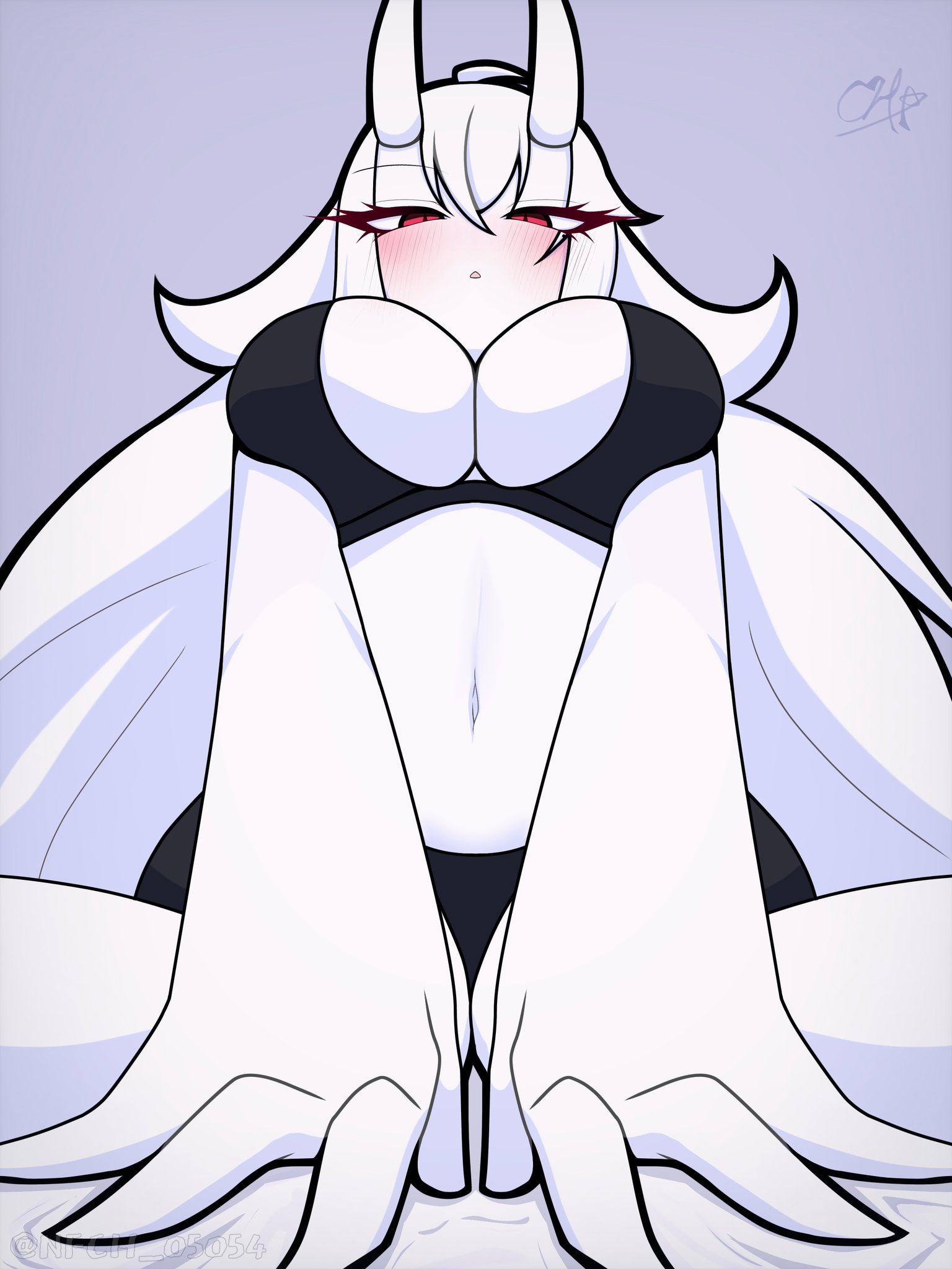 1girls, breasts, female, female only, haku (nfch 05054), horns, large breasts, low-angle view, navel, nfch 05054, original, original character, red eyes, signature, tagme, thick thighs, white hair, white skin