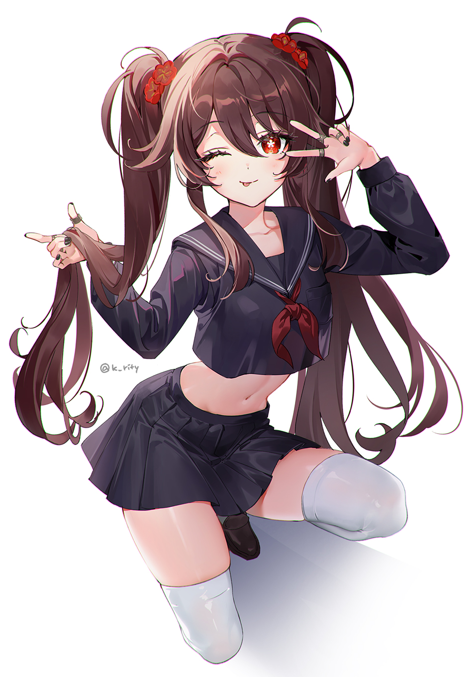 1girls, brown hair, clothing, female, female only, fully clothed, genshin impact, hu tao (genshin impact), k rity, midriff, navel, peace sign, red eyes, school uniform, skirt, thick thighs, thighhighs, twintails