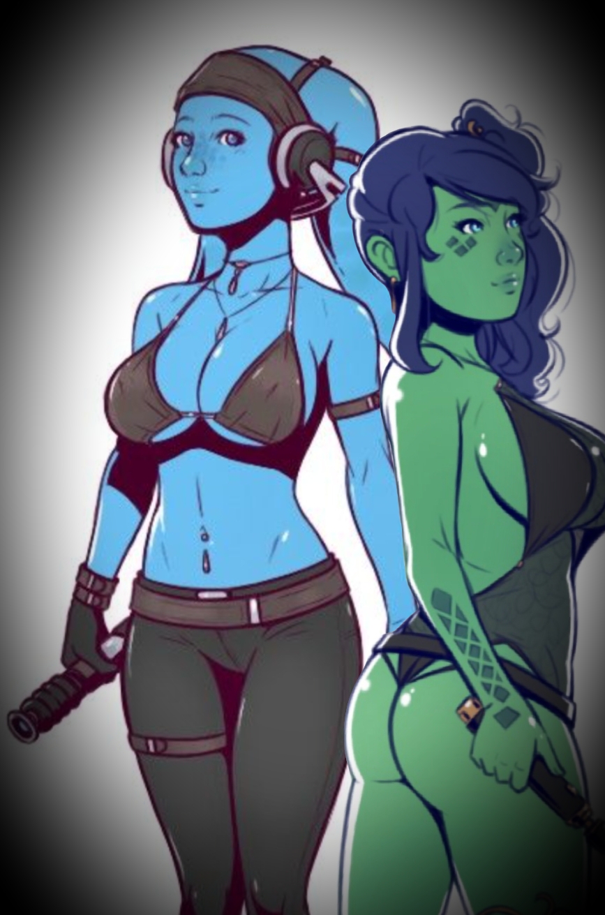 2girls alenya_hirani alien alien_girl alien_humanoid blue_skin dave_cheung edit female female_only green_skin jedi jedi_padawan lightsaber lightsaber_hilt mirialan multiple_girls navel_piercing piercing star_wars twi'lek yara_larso