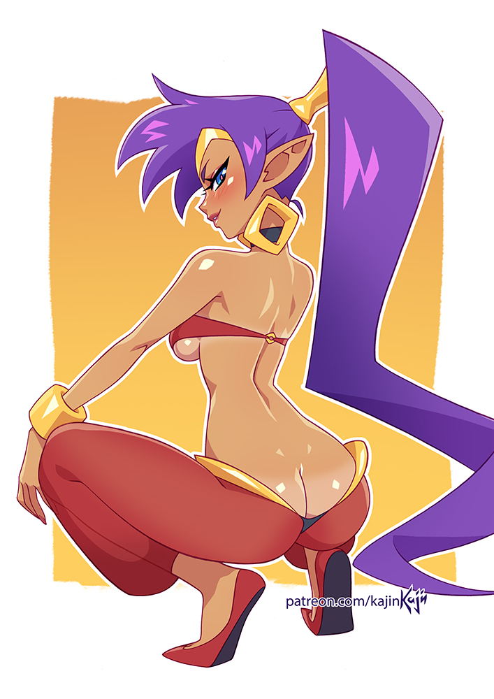 1girls breasts butt_crack earrings female female_only gold_earrings gold_jewelry kajinman large_ass looking_at_viewer no_panties ponytail presenting purple_hair red_pants red_shoes shantae shantae_(character) smile solo spread_legs squatting thick_thighs underboob wide_hips