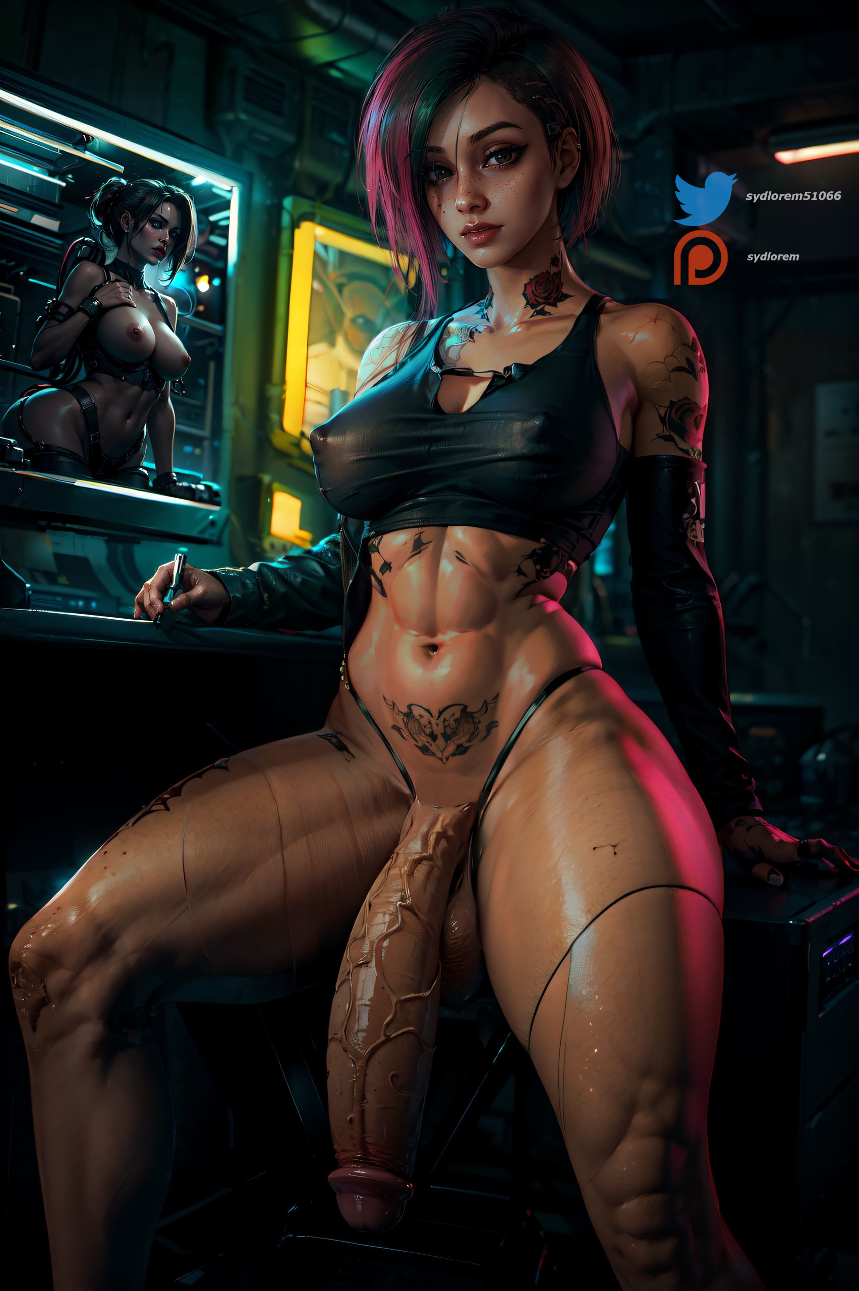 1futa, ai generated, balls, big balls, big breasts, big penis, breasts, crop top, cyberpunk 2077, flaccid, flaccid penis, futanari, huge cock, intersex, judy alvarez, large balls, large penis, nipples visible through clothing, penis, pubic tattoo, skindentation, stable diffusion, sydlorem, tattoo, tattoos, thick penis, thick thighs, veiny penis