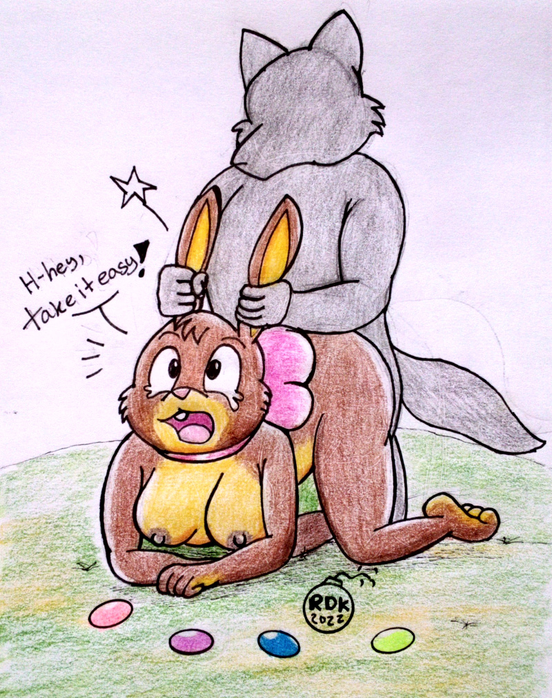 cadbury_bunny dialogue doggy_style ear_pull female furry male octavius_dpall_fours rabbit reddragonkan tagme tears traditional_media_(artwork) wolf