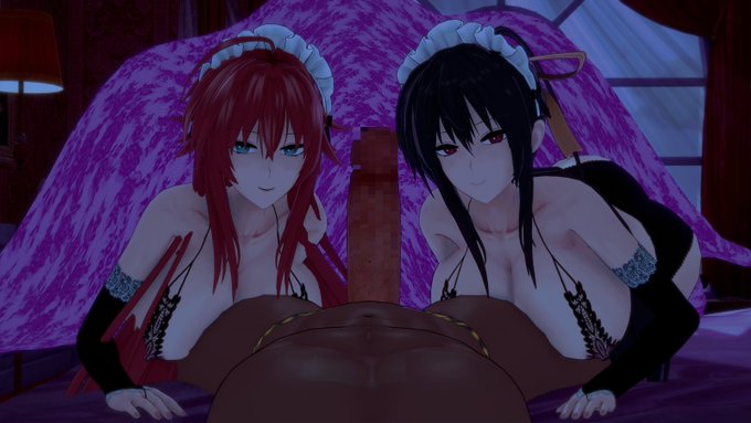 1boy 2girls 3d akeno_himejima armwear black_hair blue_eyes dark-skinned_male dominant_pov ettole female femsub high_school_dxd interracial koikatsu lingerie maid_headdress male male_pov maledom multiple_girls multiple_subs penis pov red_hair rias_gremory