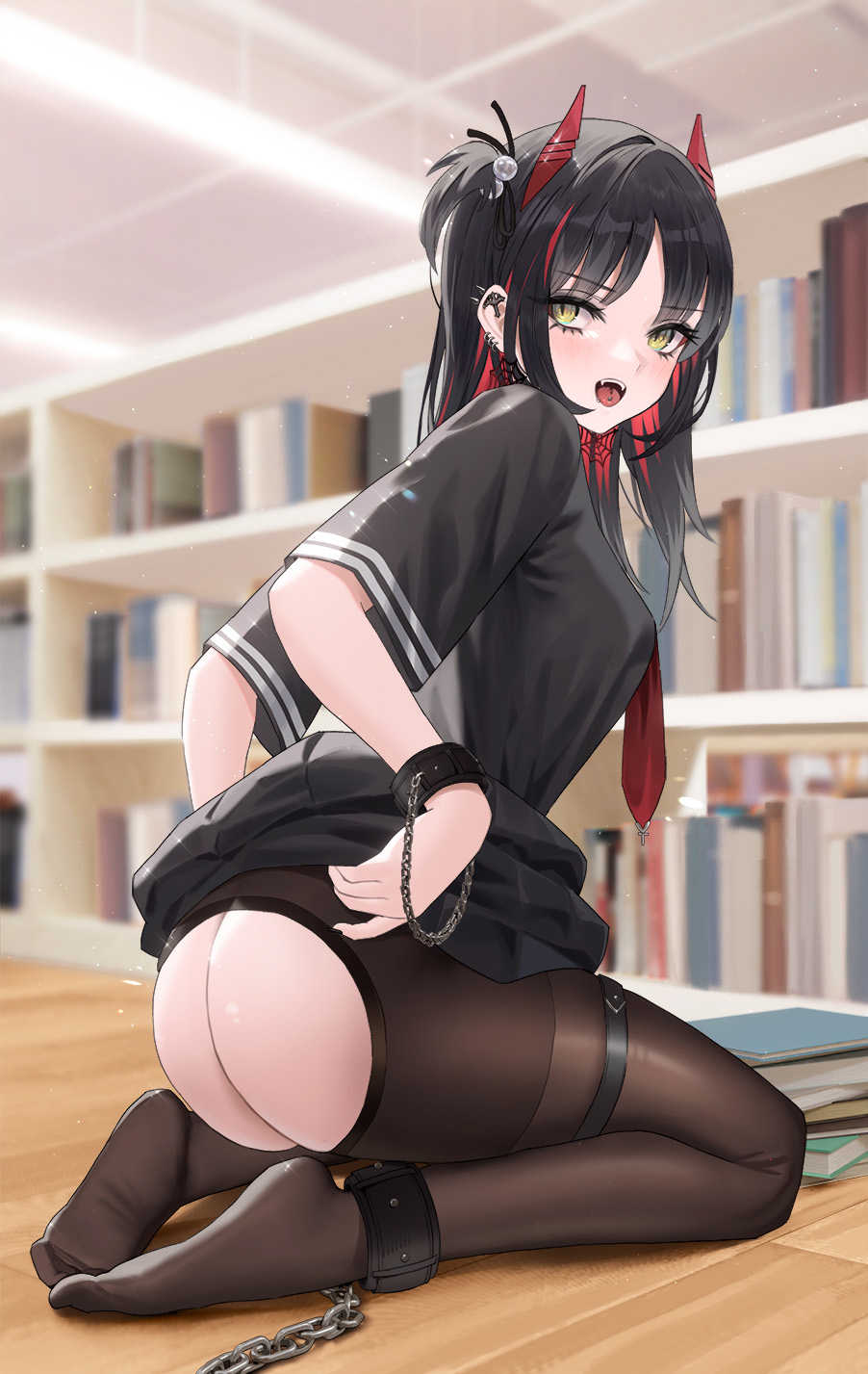 1girls alternate_costume alternate_hair_length alternate_hairstyle ankle_cuffs arms_behind_back ass ass_cutout azur_lane black_hair black_pantyhose black_ribbon black_serafuku black_shirt black_skirt bondage bookshelf breasts chains cirilla_lin clothes_lift clothing_cutout cuffs ear_piercing earrings fang fangs feet female female_only goth hair_ribbon horns indoors iron_blood_(azur_lane) jewelry legs library lifted_by_self light-skinned_female light_skin looking_at_viewer medium_breasts multicolored_hair multiple_piercings necktie no_panties no_shoes on_floor open_mouth pantyhose parted_bangs piercing red_hair red_horns red_necktie ribbon school_uniform serafuku shirt short_sleeves sidelocks sitting skirt skirt_lift slit_pupils soles thigh_belt thigh_strap thighs toes tongue tongue_piercing tongue_tattoo two-tone_hair ulrich_von_hutten_(azur_lane) wooden_floor yellow_eyes